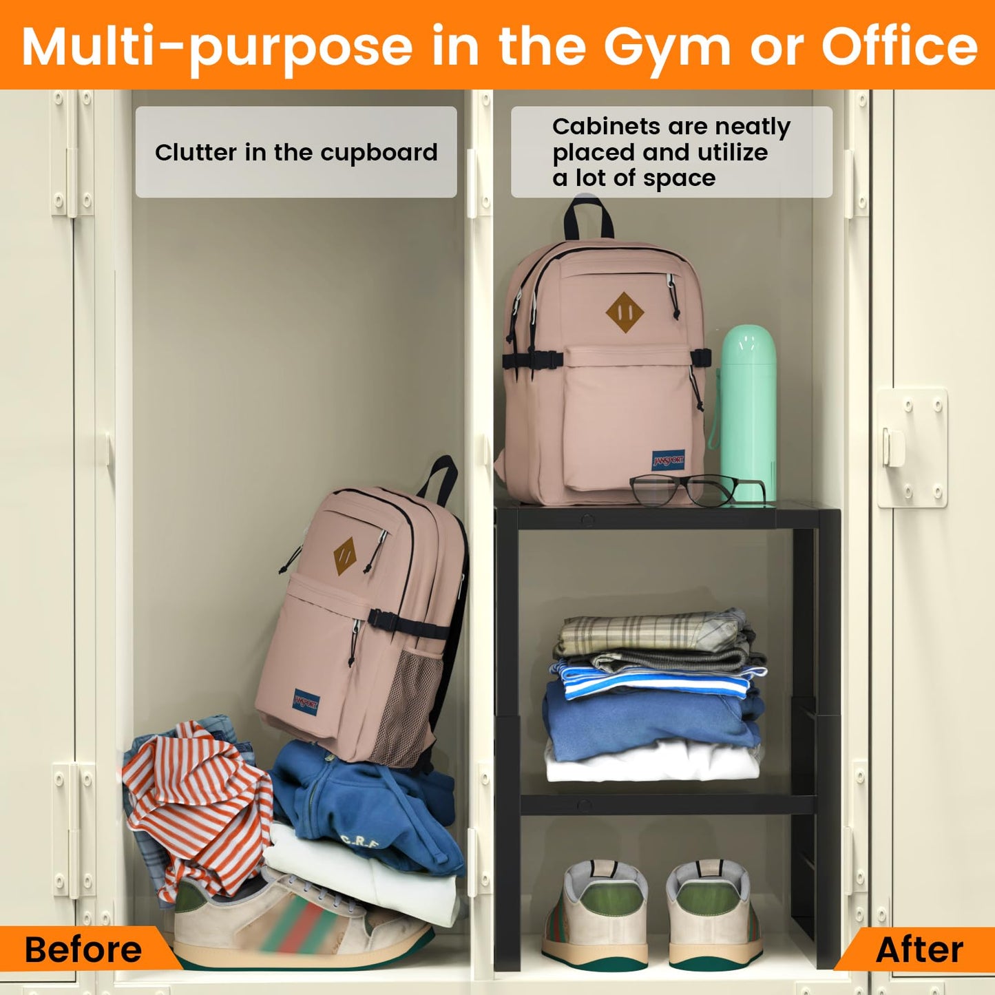 Locker Organizer Shelf School, Adjustable Width and Height, Stackable Metal Locker Storage Organization, Ideal Locker Fits Standard Size School, Office, and Gym Lockers, Black
