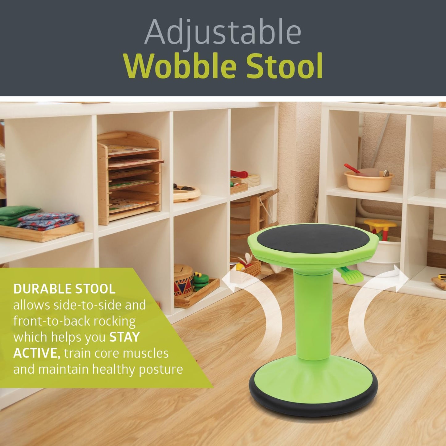 Pearington SitFree Height Adjustable Wobble Stool, Active Flexible Seating Chair for Kids and Adults - School and Office, Green