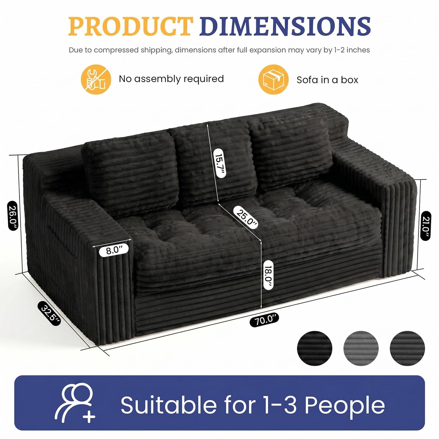 NLDD Boneless Couch, Cloud Loveseat Sofa Corduroy Couch in a Box, Upholstered Boneless 3 Seater Couch for Living Room Bedroom Office Apartment, No Assembly Required, Black