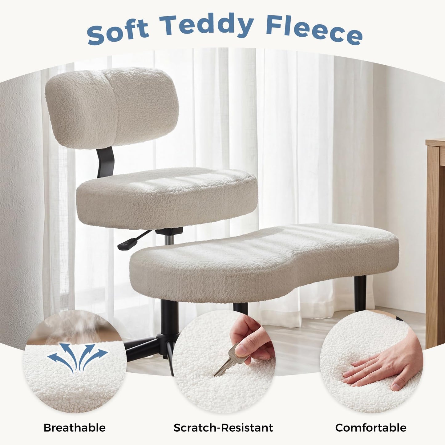 DUMOS Ergonomic ADHD Cross Legged Office Desk Chair with Adjustable Backrest, Height Adjustable Meditation Chair with 360° Swivel Footstool, Teddy Fabric Yoga Stool for Home Office, White