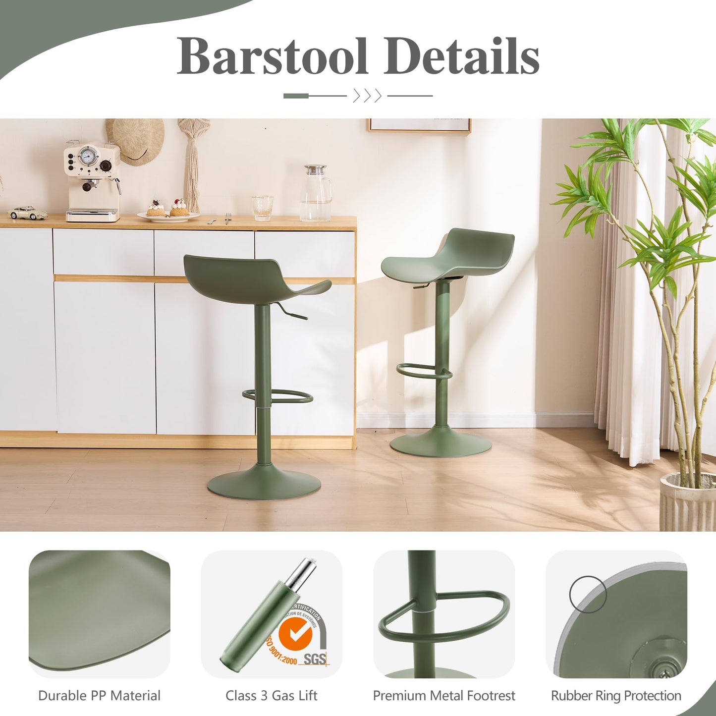 YOUNIKE Adjustable Height Bar Stools Set of 2 Plastic Swivel Barstool with Low Back Modern Kitchen Counter Island Bar Chairs for Breakfast Nook Cafe Bars Olive Green
