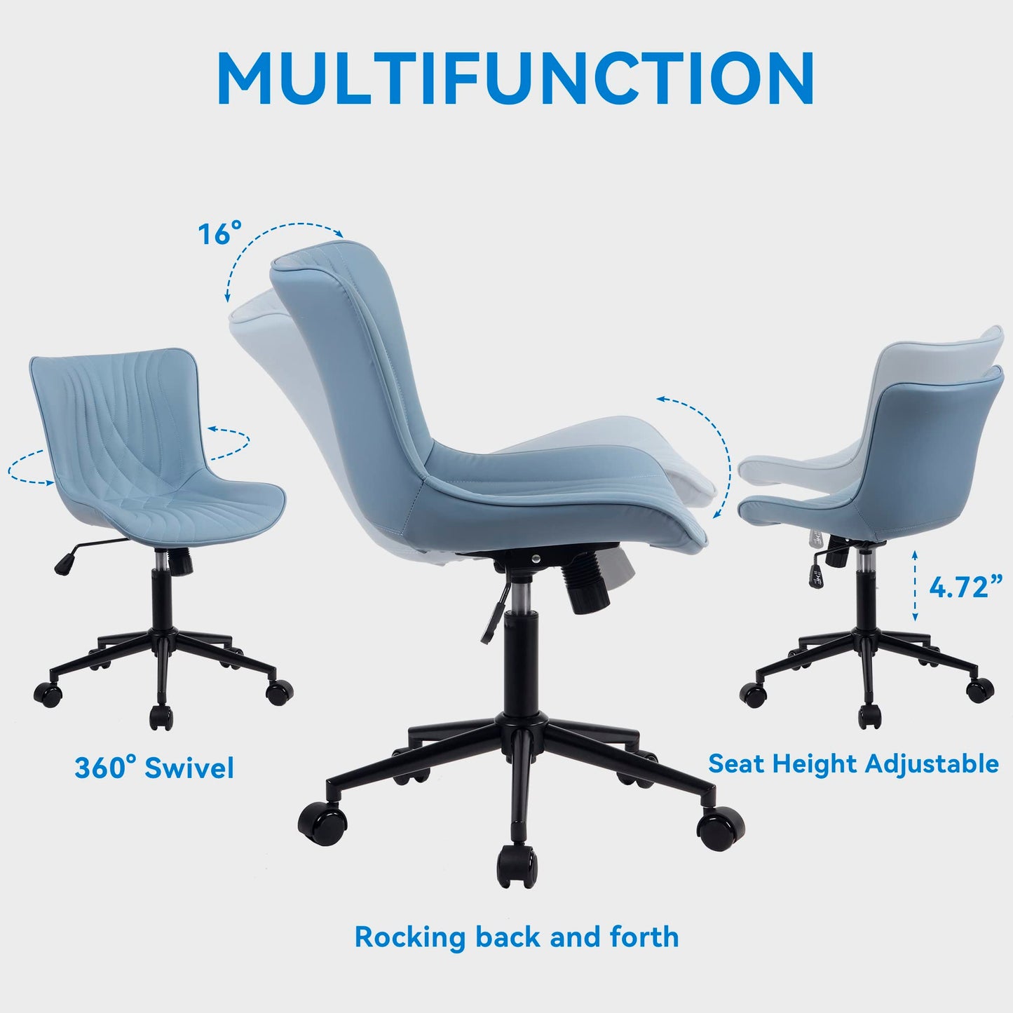 YOUNIKE Office Chair, Adjustable Swivel Armless Desk Chair with Wheels, Aesthetic Home Office Computer Task Chairs, Modern Faux Leather Upholstered Vanity Chair with Back, Blue