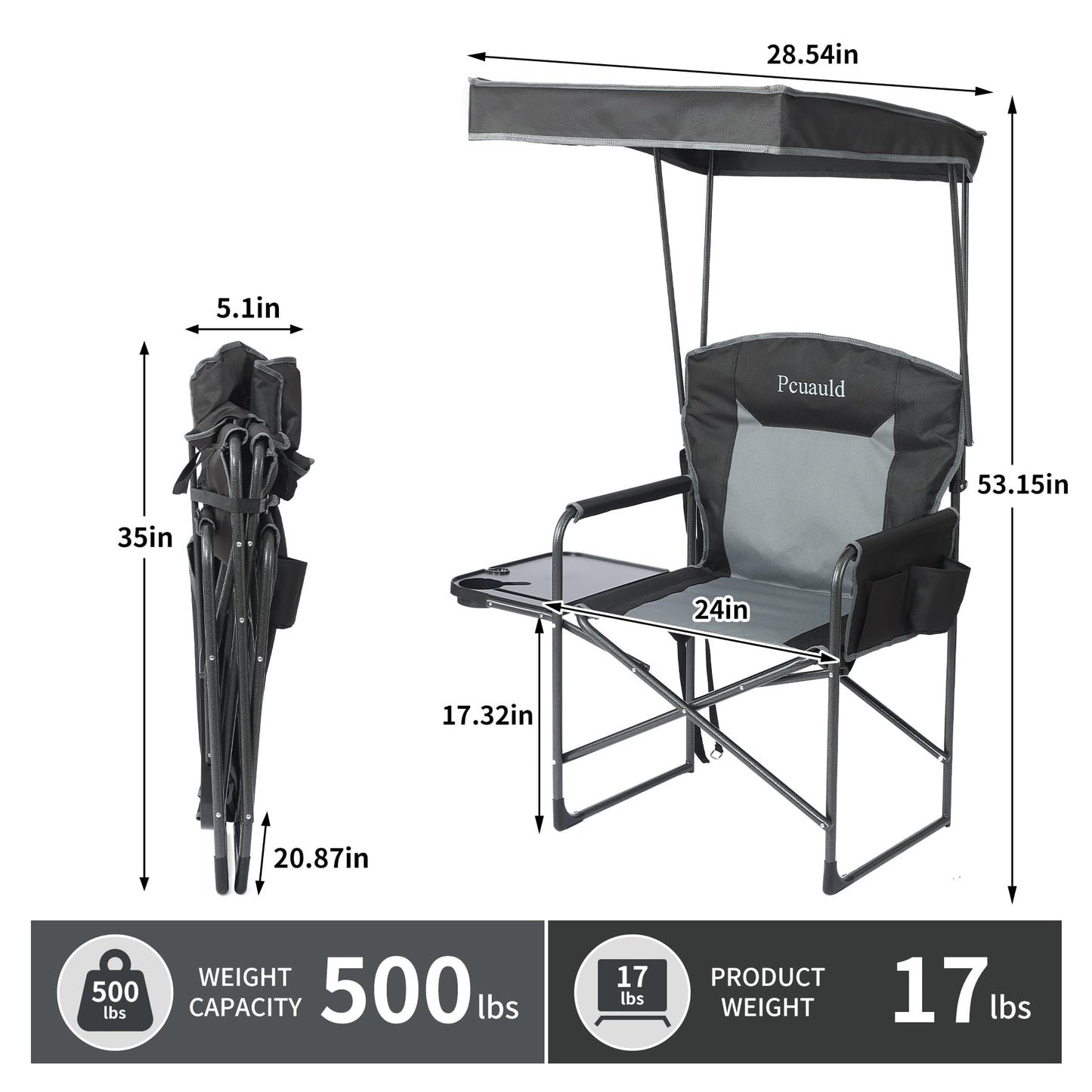 Oversized Camping Chairs with Canopy Foldable Directors Chair with Side Table & Pockets Portable Adults Heavy Duty Outdoor Folding Chairs for Lawn, Beach, Picnic, Sports and Fishing, Supports 500lbs