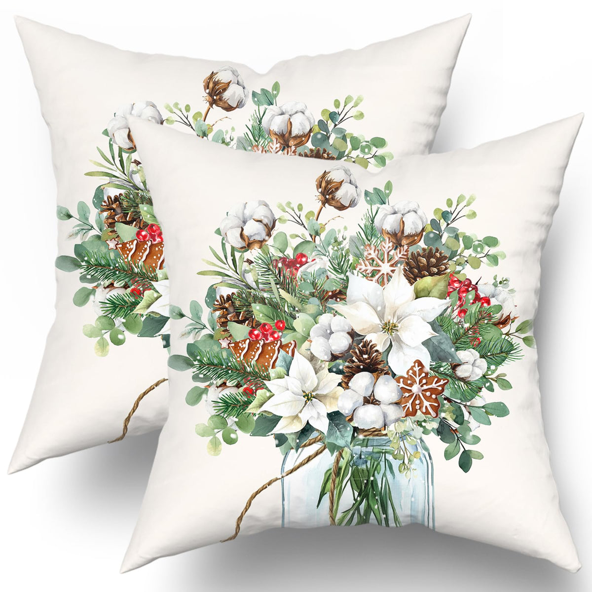 Winter Floral Bouquet Throw Pillow Covers 18x18 Inch 2 Packs Christma Poinsettias Pinecones Pillowcase Holly Berries Eucalyptus Mason Jar Farmhouse Cotton Square Cushion Case for Home Sofa Bedroom