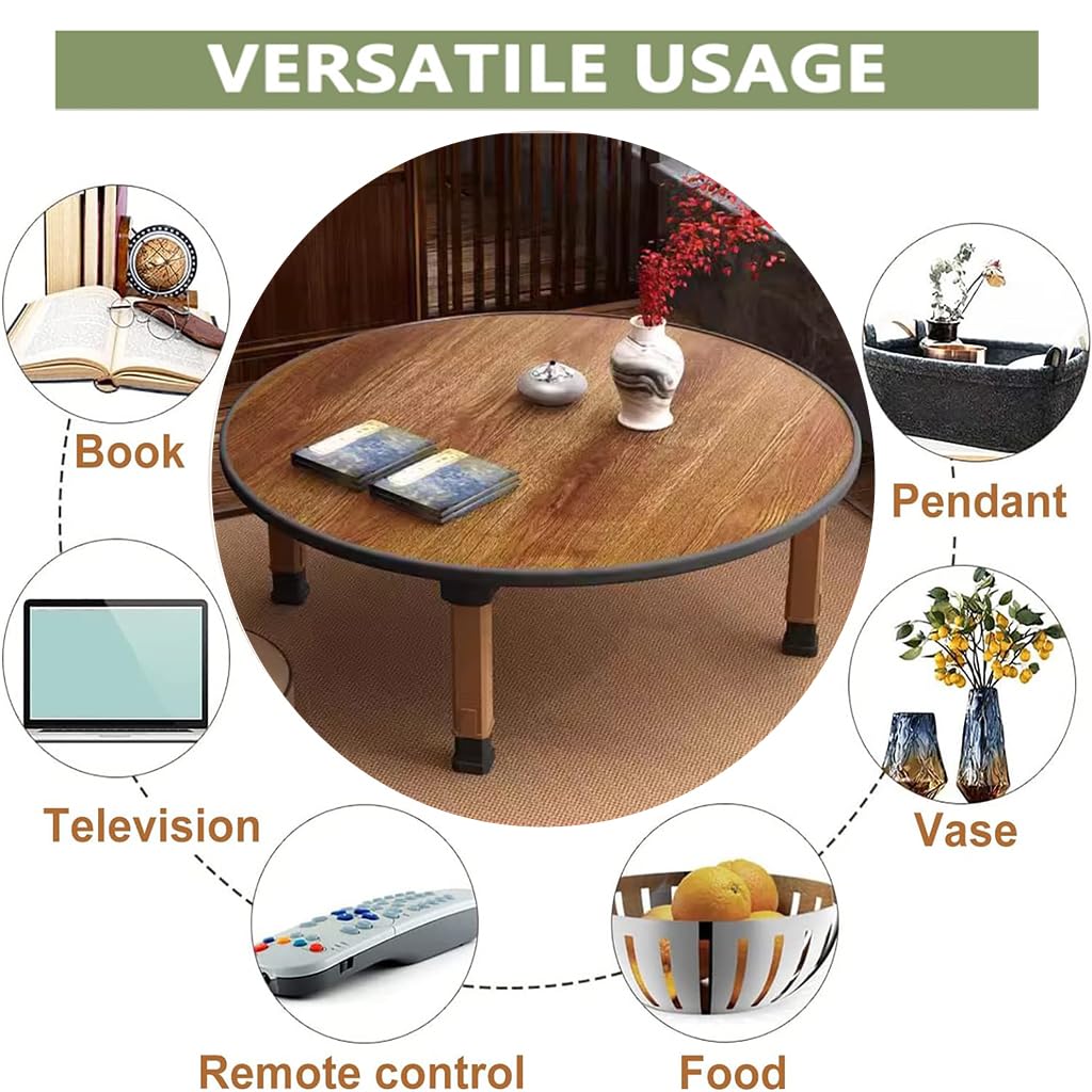 WIKLMOTH Folding Round Japanese-Style Tea Coffee Table Low Table, Foldable Dining Table, Study Table, Small Desk, for Tatami Sitting On The Floor Bedroom Bay Window Tea Room, Space Save(60 * 60cm)
