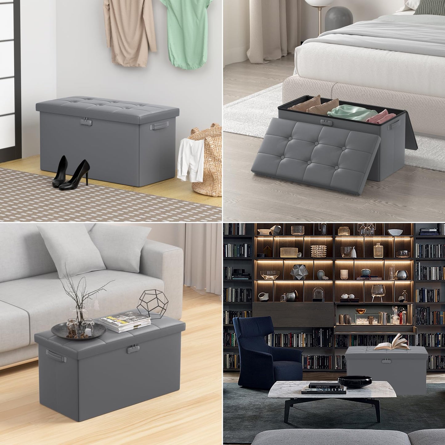 DocSafe Storage Ottoman Bench with Lock,Fireproof 30 Inches Folding Bench Foot Rest Stool Storage Chest Safe for Living Room,Bedroom,Home Office,Waterproof Leather Ottoman with Handles,Gray