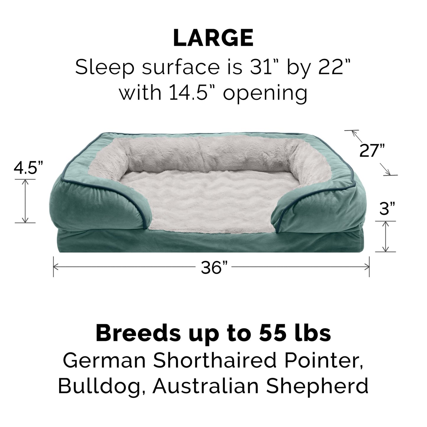 Furhaven Cooling Gel Dog Bed for Large/Medium Dogs w/ Removable Bolsters & Washable Cover, For Dogs Up to 55 lbs - Plush & Velvet Waves Perfect Comfort Sofa - Celadon Green, Large