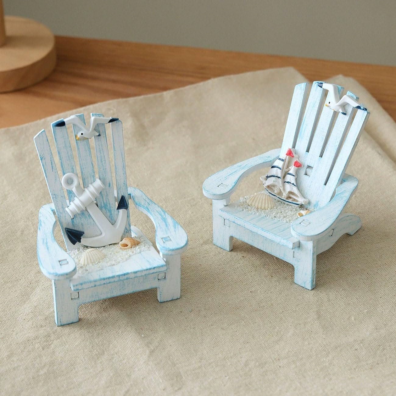 Veridian Living 2 Pack Wooden Handmade Mini Chair Jewelry Box Summer Beach Room Decor Hawaiin Nautical Theme Decoration for Home Office Desk (Anchor)