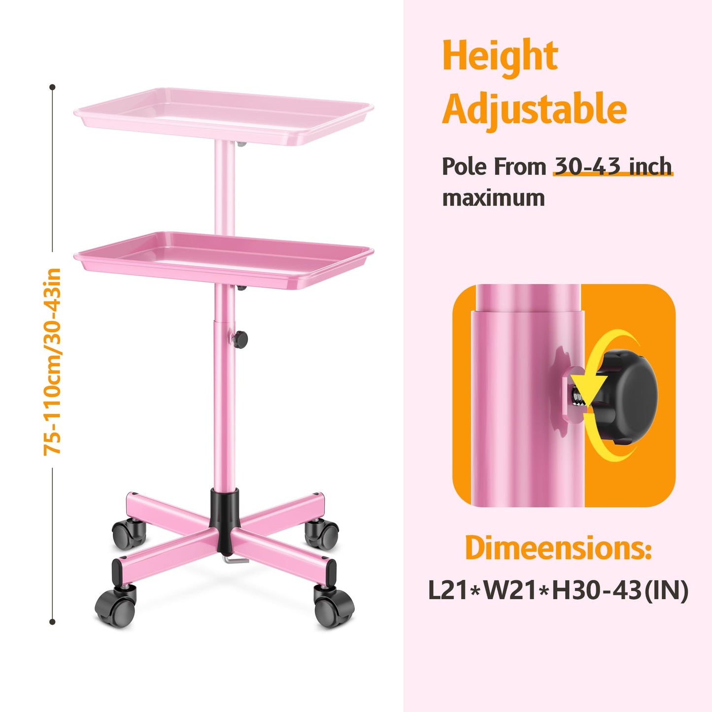 DEER BEAUTY Salon Tray on Wheels - Premium Aluminum Tattoo Tray Rolling Trolley - Adjustable Salon Service Rolling Tray Hairdresser Cart with Clinic Spa Rolling Tray Wheels (Pink)