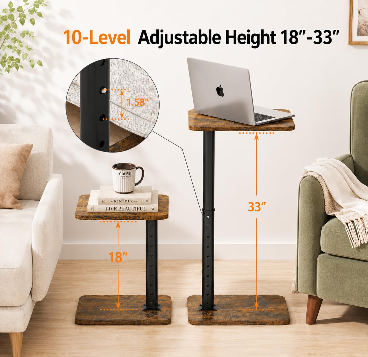 Ginyoyo C-Shaped TV Tray Table, Height Adjustable Side Table, End Tables for Living Room, Snack Table for Sofa, Bed, Couch, Bathroom, End Side Table for Eating, Dinner, Laptop, Small Spaces