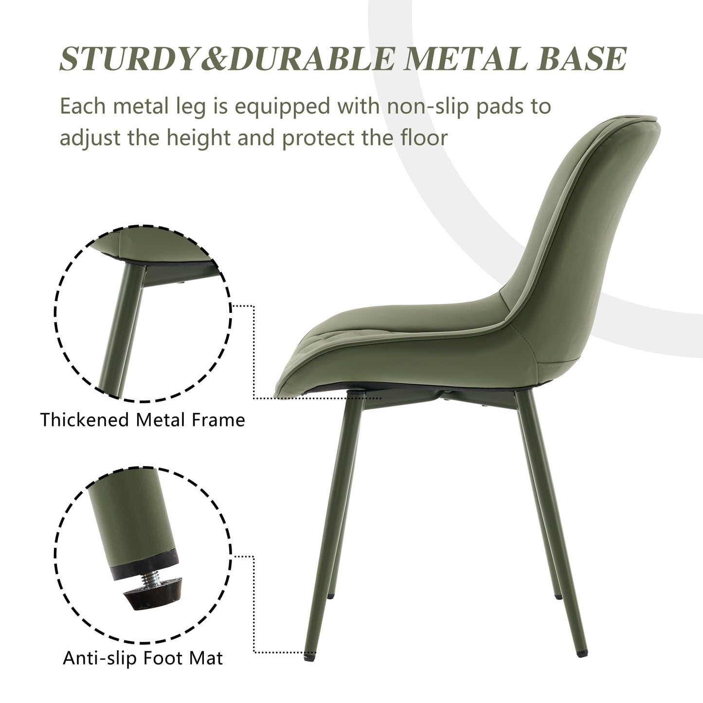 YOUNIKE Olive Green Faux Leather Dining Chairs Set of 2 Mid-Century Modern High Padded Back Comfy Upholstered Kitchen Chairs with Metal Legs Wide Seat Accent Side Chair for Dining/Living/Waiting Room