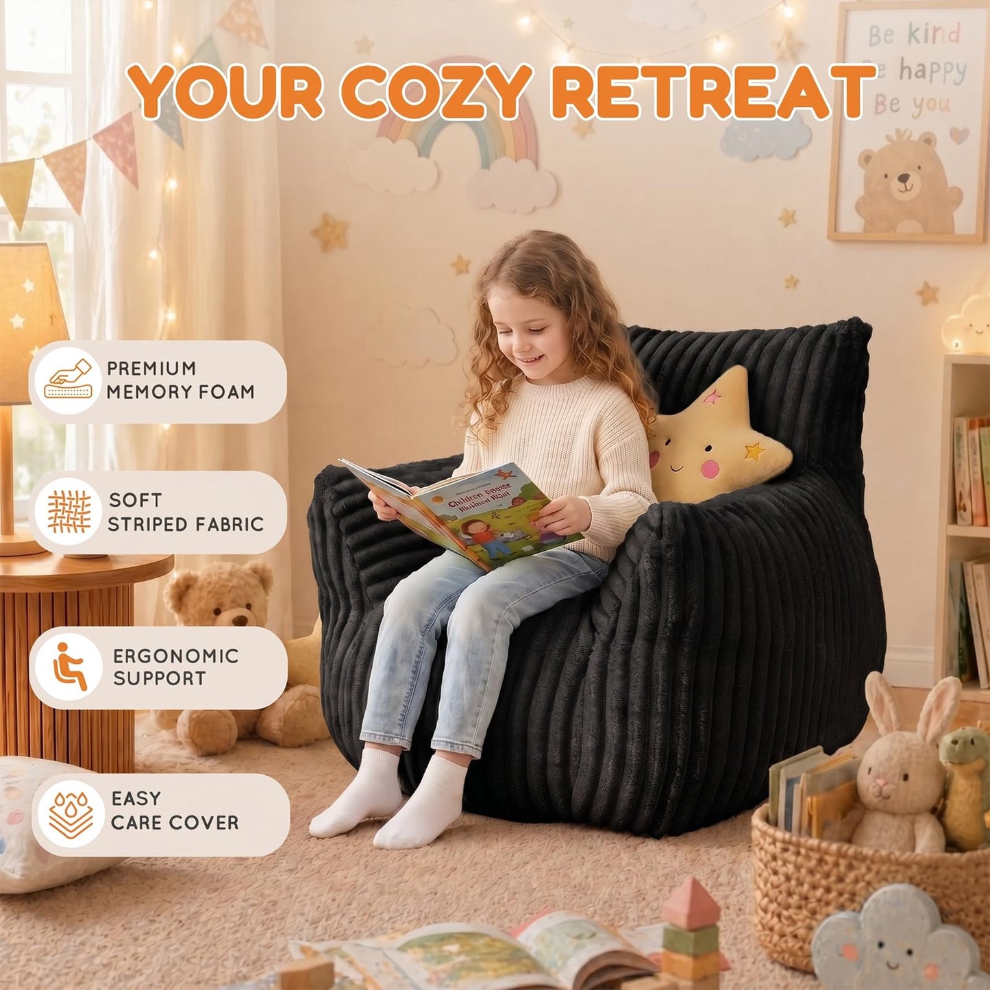 MaxiBean Bean Bag Chair - Plush Faux Fur Floor Seating Furniture Bean Bag Chair for Living Room, Bedroom, Playroom (2.5FT Stripe Black)