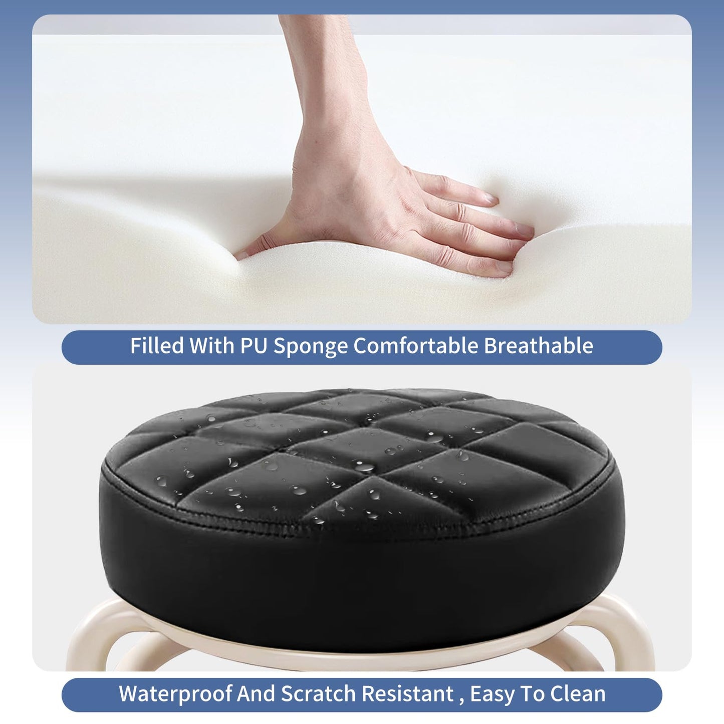 HPONQIONE Round Rolling Low Stool- PU Leather Low Stool 360° More Comfortable Swivel with Thickened Sponge Cushion for Nail Salon, Pedicure, SPA and Home (Black Upgrade Edition)