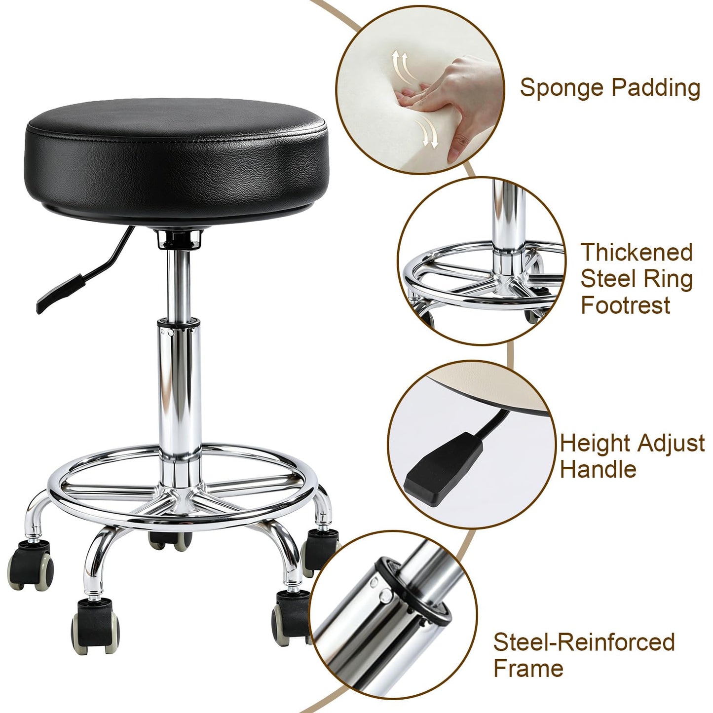 Rolling Stool with Wheels, Thick 7.5cm Cushion Professional Swivel Drafting Stool, Height Adjustable Heavy Duty 500 lb Stool with Silent Casters and Foot Ring for Salon Tattoo Clinic Home Office
