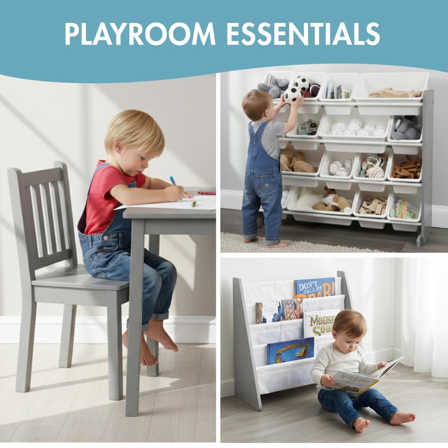 Humble Crew Kids Bookshelf, 4-Tier Front-Facing Book Display Organizer, Montessori Toddler Bookcase for Playroom, Bedroom & Reading Corner, Grey Wood/White