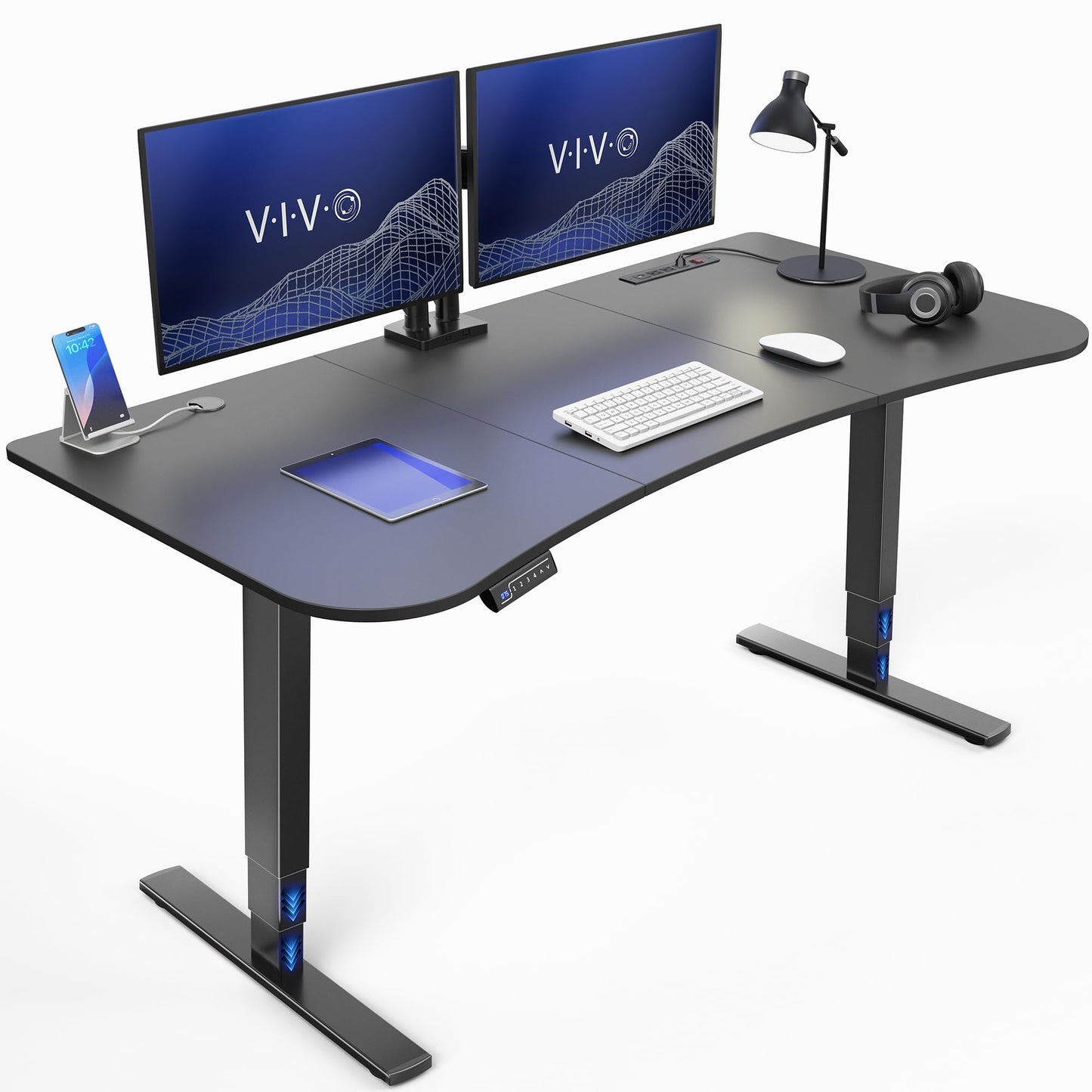 VIVO Electric 63 x 32 in Standing Desk with Built-in Power Strip, Touch Screen Adjustment, 220 lb Frame Support, 2E Series, Black Top Black Frame, DESK-KIT-2EBAC