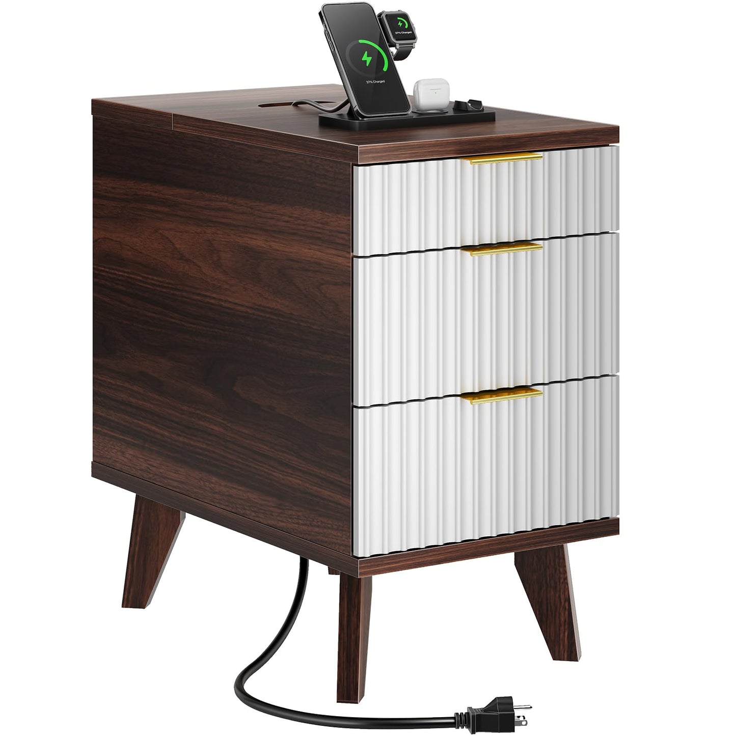 Kalrin Charging Nightstand with Hidden Outlets & 3 Drawers, Modern End Table, Bedside Table with USB Ports, Wave Groove Design, Compact Size, Heavy Duty Engineered Wood, Brown & White