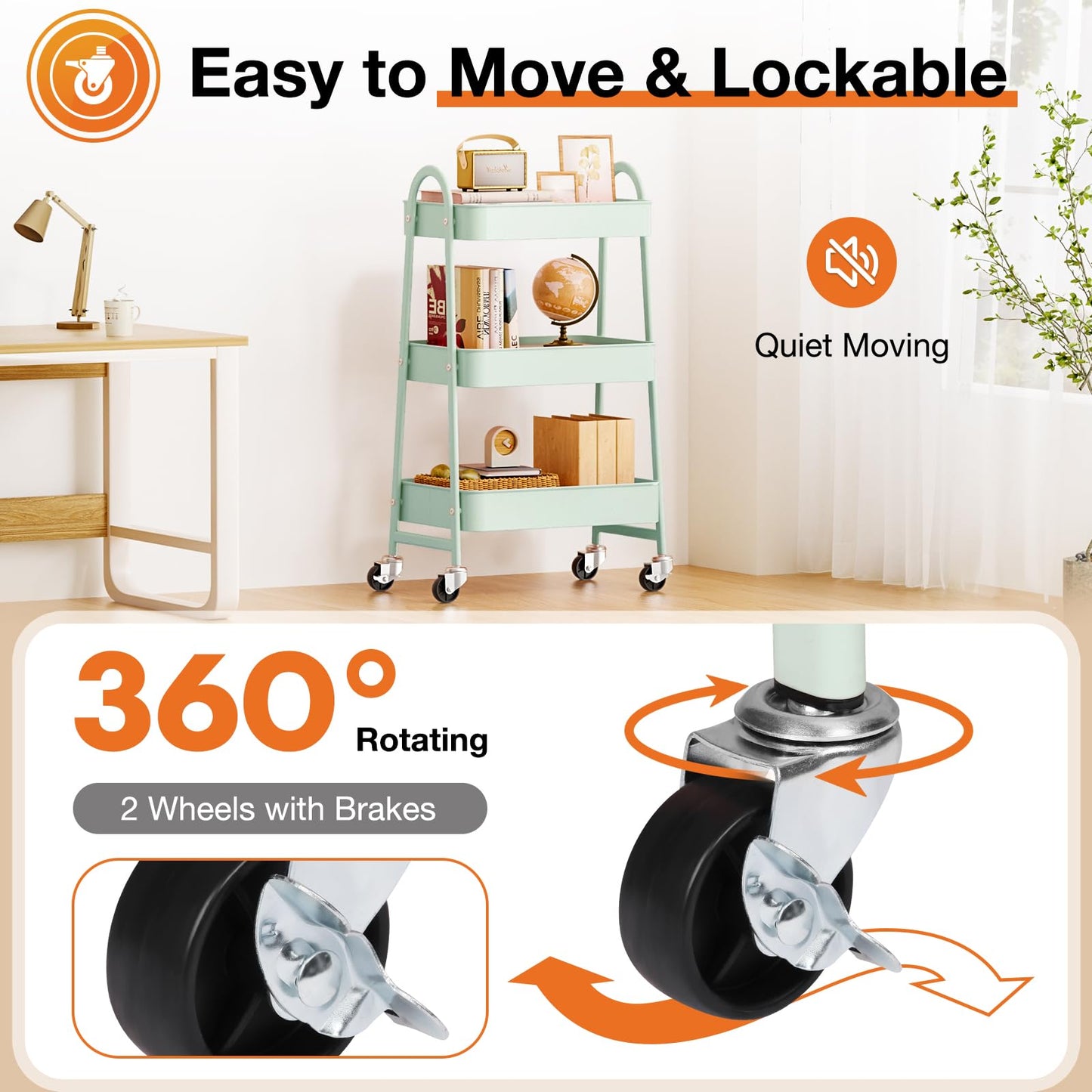 NEWBULIG 3-Tier Metal Rolling Cart with Lockable Wheels, Heavy Duty Mobile Utility Storage Shelf, Roller Book Snack Cart, Organization for Livingroom, Bathroom, Office, Green