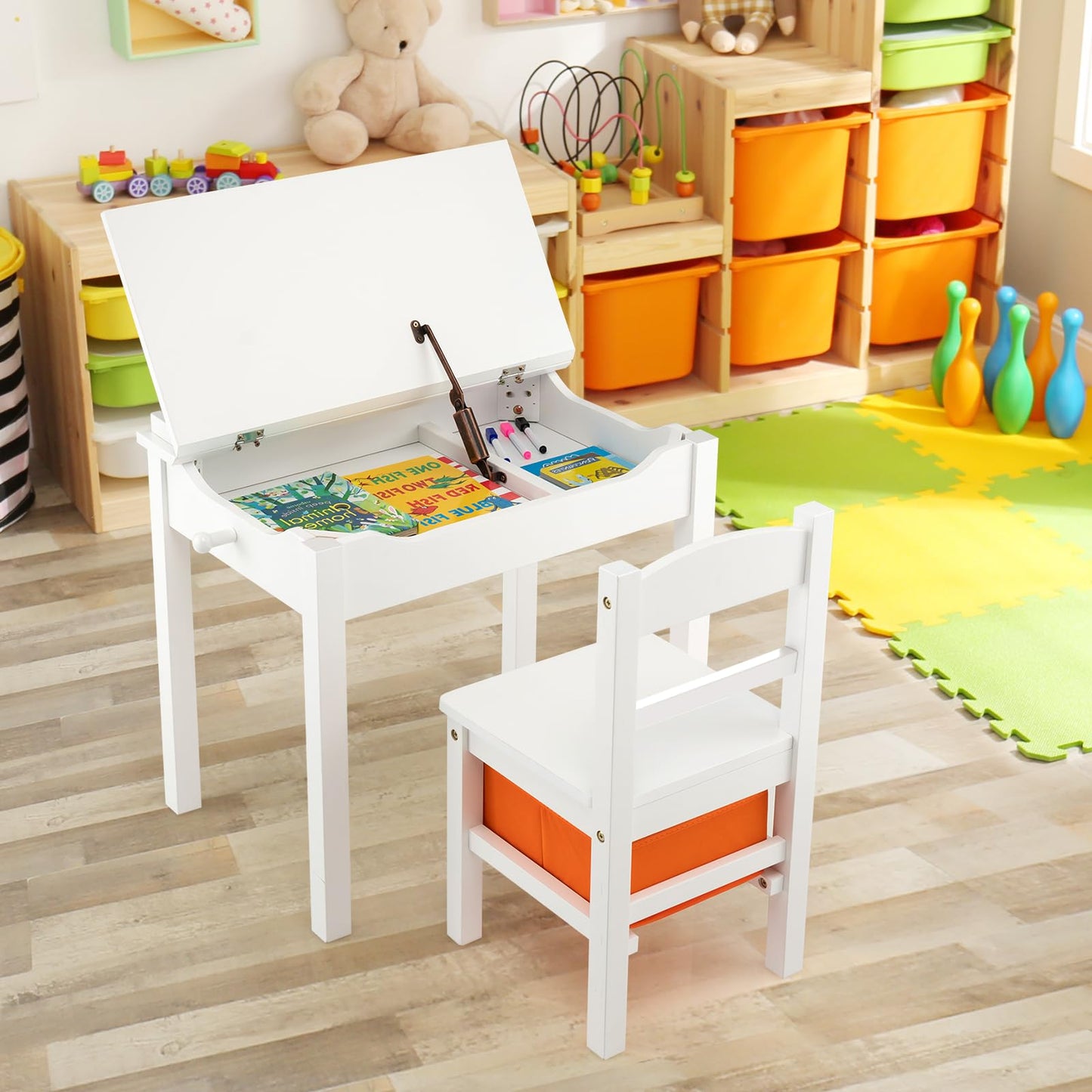 HONEY JOY Kids Table and Chair Set, Wooden Lift-Top Desk & Chair with Storage, Safe Hinged Lid, Activity Table Set for Craft Art, 2-Piece Children Furniture Set for Daycare, Kindergarten(White)