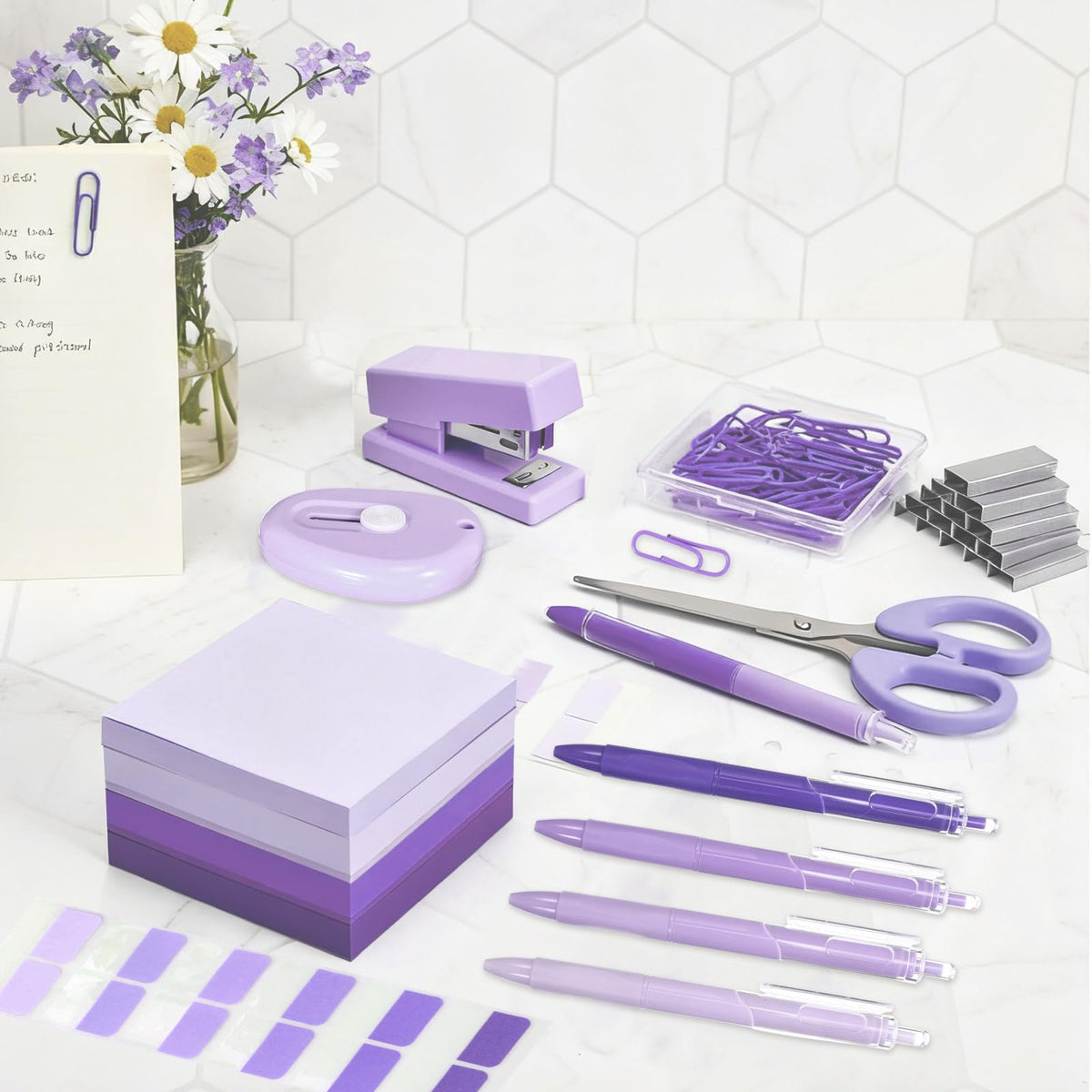 Humyoun Mini Purple Office Supplies Kit Purple School Supplies Christmas Gift Desk Accessories with Gel Pens Sticky Notes Stapler Scissor Paper Clips Index Tabs Box Cutter for Christmas Gifts Office