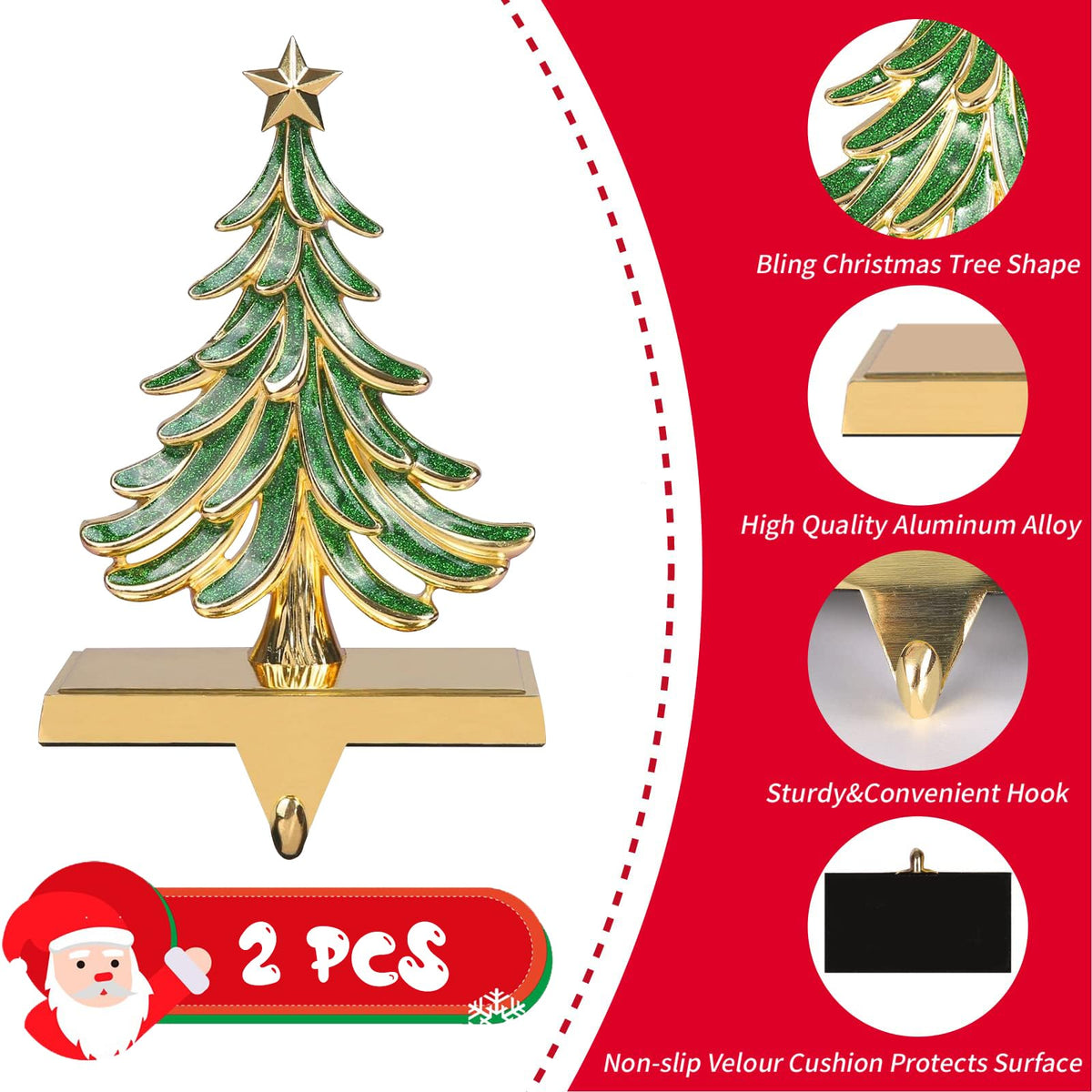 JUSTOTRY 2PC Christmas Stocking Holders for Mantle Glitter Green Xmas Tree Gold Stocking Holder for Fireplace Home Decor Holiday Gifts Christmas Decorations Supplies Non-Skid Durable and Sturdy
