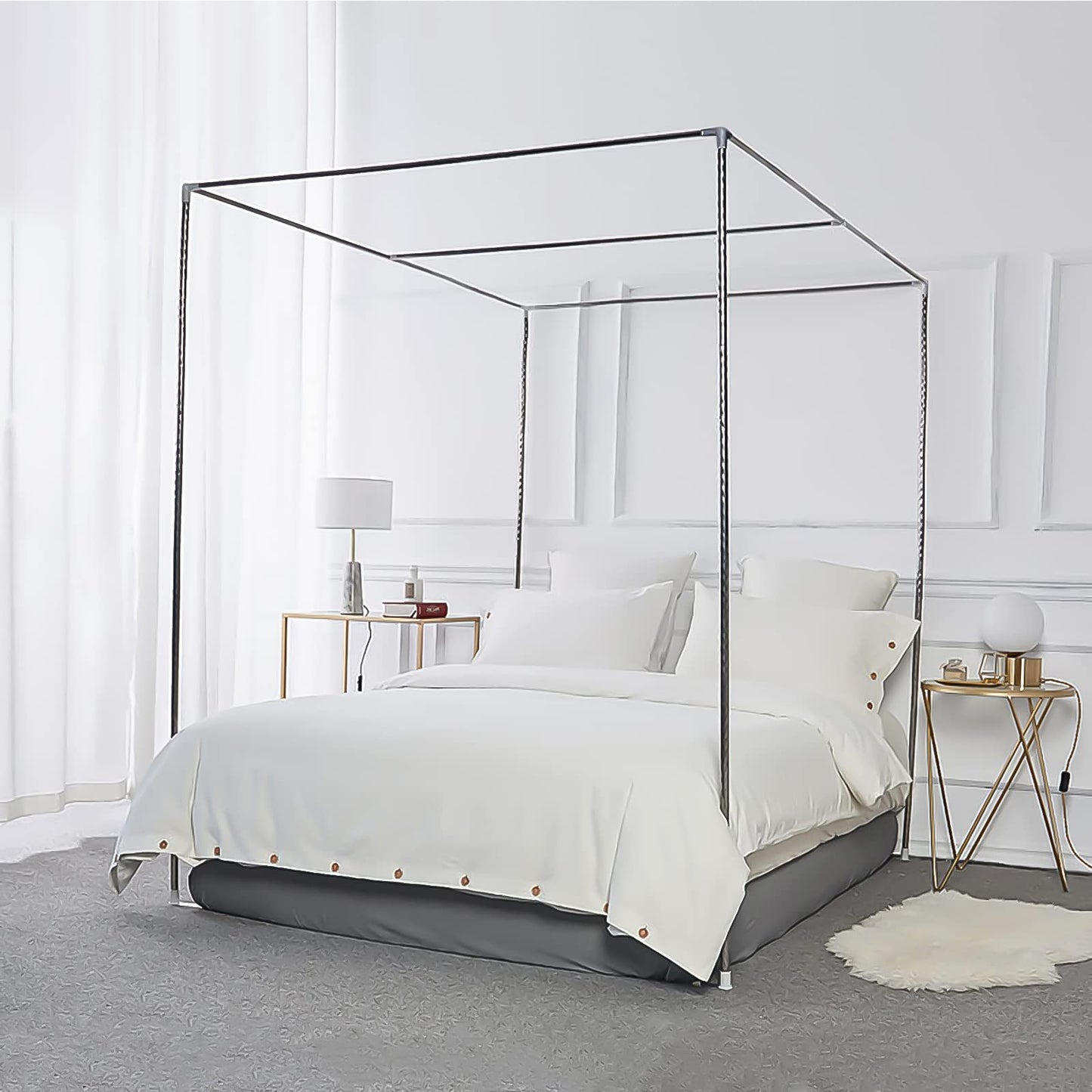 Foreate Canopy Bed Frame Stainless Steel Full Size Bed Canopy Frame & Bed Poles, Fit for Four-Corner Bed and Mosquito Curtains, Full (Silver)