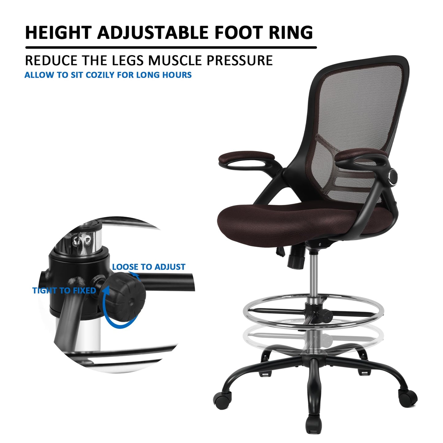 HYLONE Drafting Chair, Tall Office Chair Standing Desk Chair Brown Mesh High-Back Drafting Stool with Flip-Up Arms, Adjustable Foot Ring, Brown