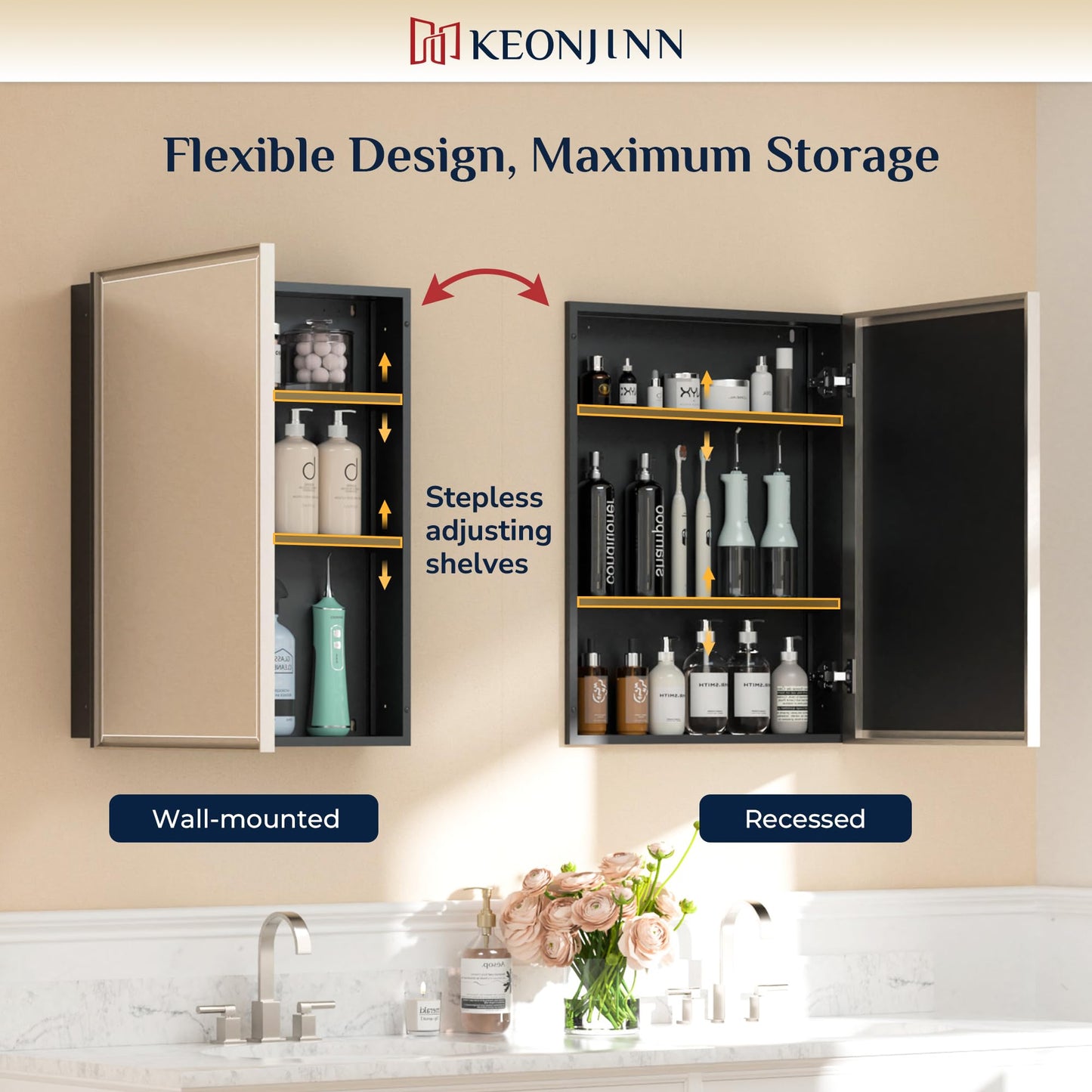 Keonjinn 20" x 26" Medicine Cabinets with Mirror for Bathroom, Brushed Nickel Recessed or Surface Wall-Mounted Aluminum Alloy Framed Beveled Mirror, Farmhouse Bathroom Mirror with Storage Cabinet
