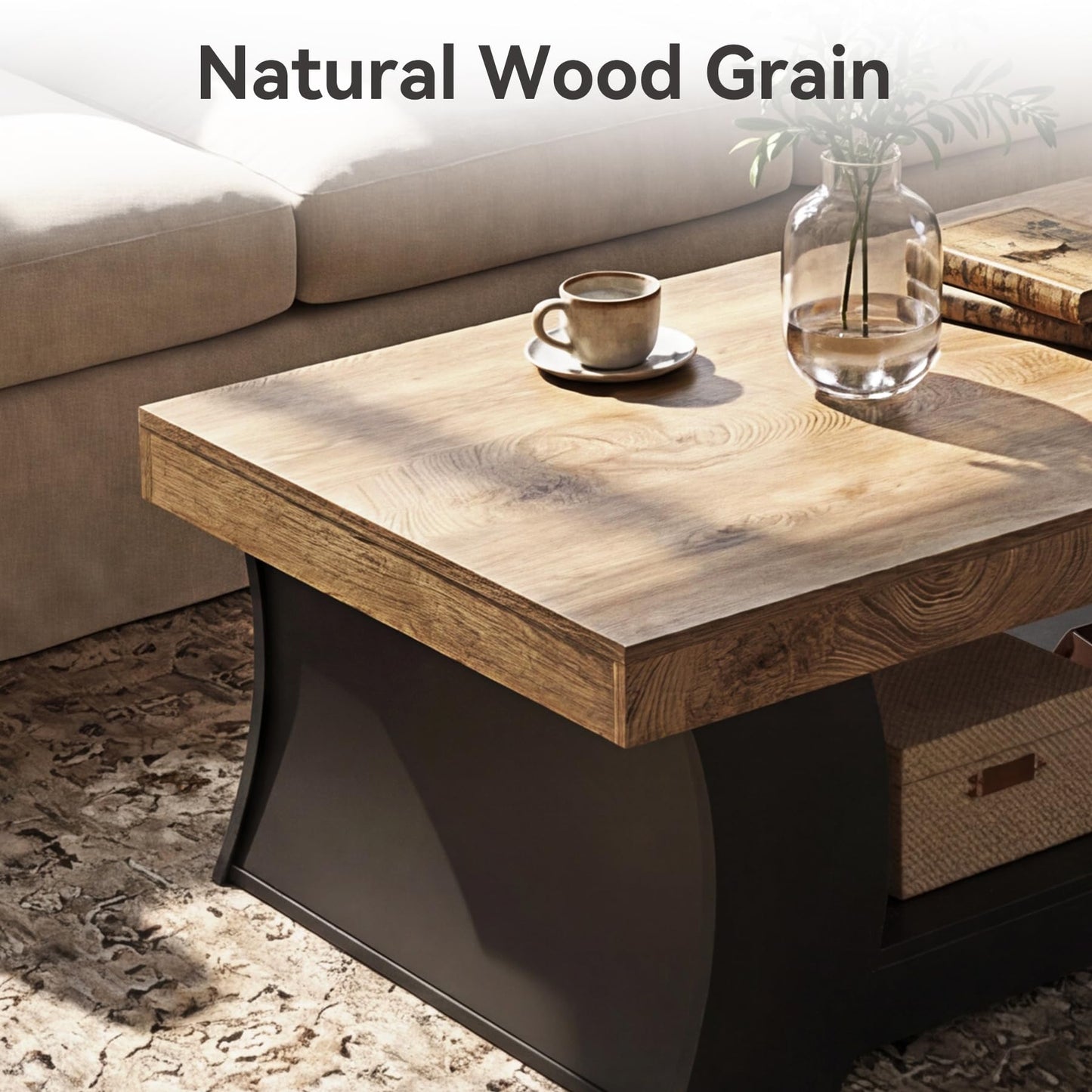 LITTLE TREE 55" Coffee Table, Living Room Table with Storage Shelf, Wooden Coffee Table, Modern Farmhouse Rectangle Center Table for Living Room, Bedroom, Office, Rustic Brown+Black