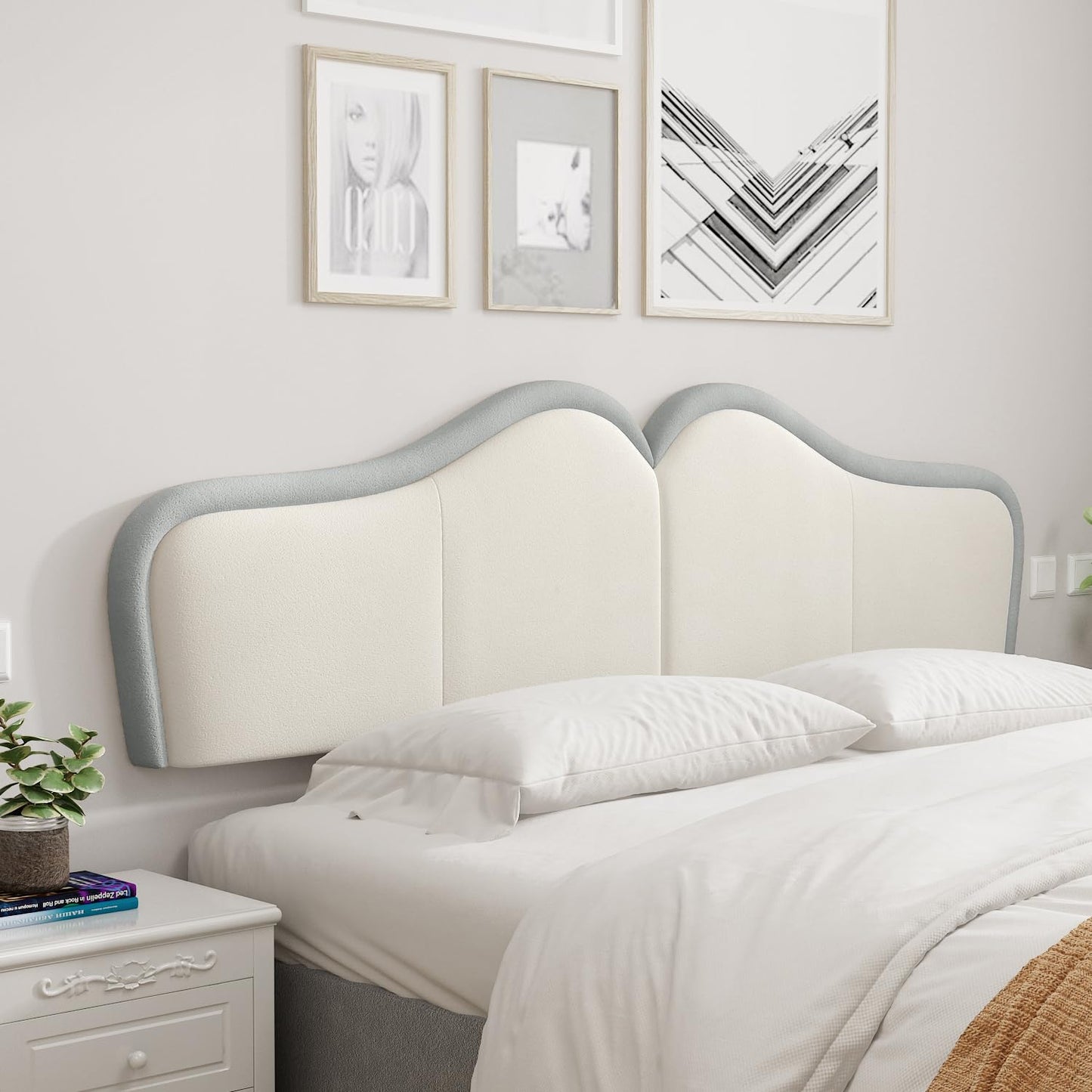 HouseMila King Headboard,Upholstered Headboards Bed Head Board Modern Wave Shaped Velvet Wall Mount Bed Headboard for Stylish Bedroom Decor(King,Beige+Light Blue)