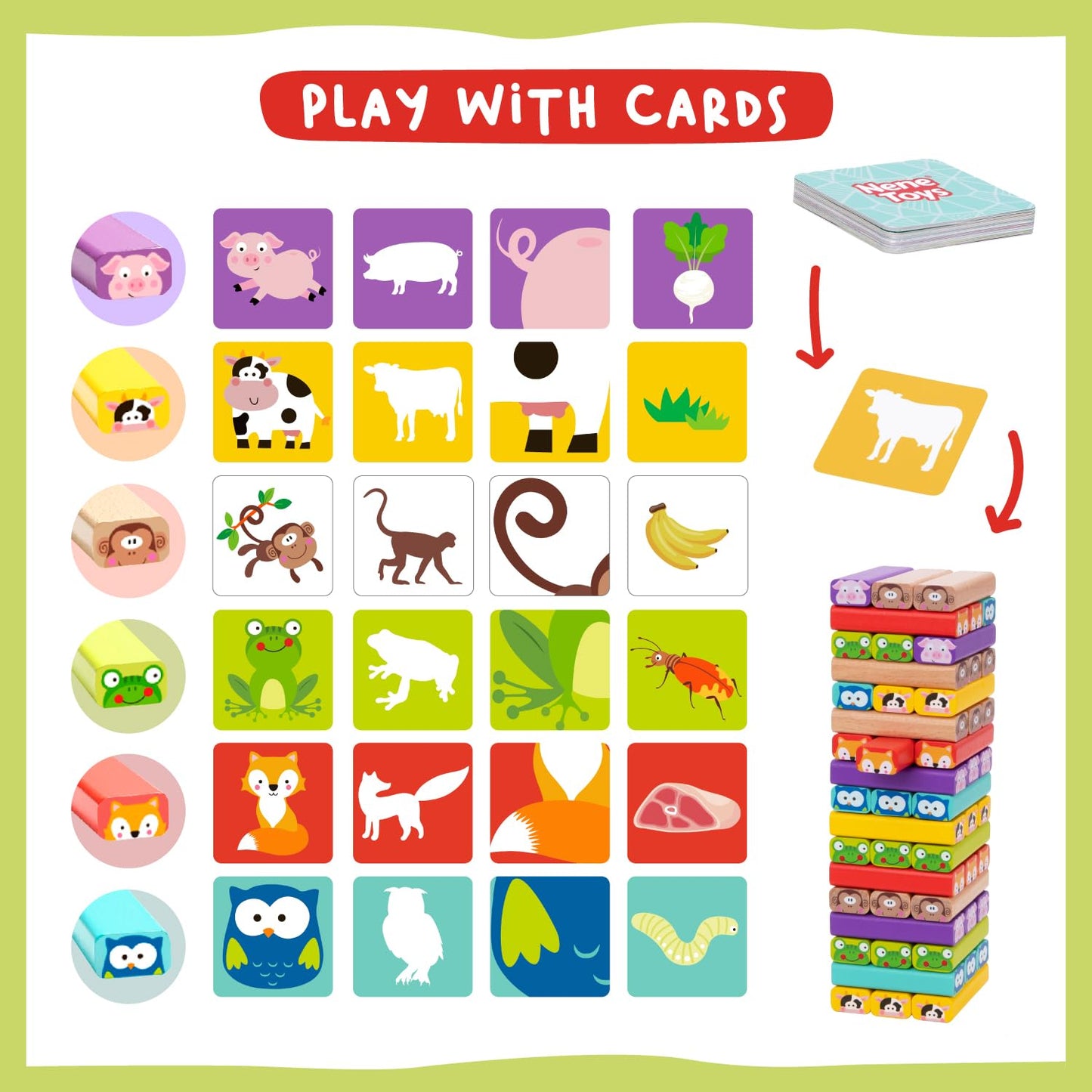 Nene Toys Wooden Tumble Tower Game with Animals & Colors, 4-in-1 Educational Family Board Game for Kids Ages 3-9, Creativity & Cognitive Skills Booster - Gift for Boys Girls 3+ Years