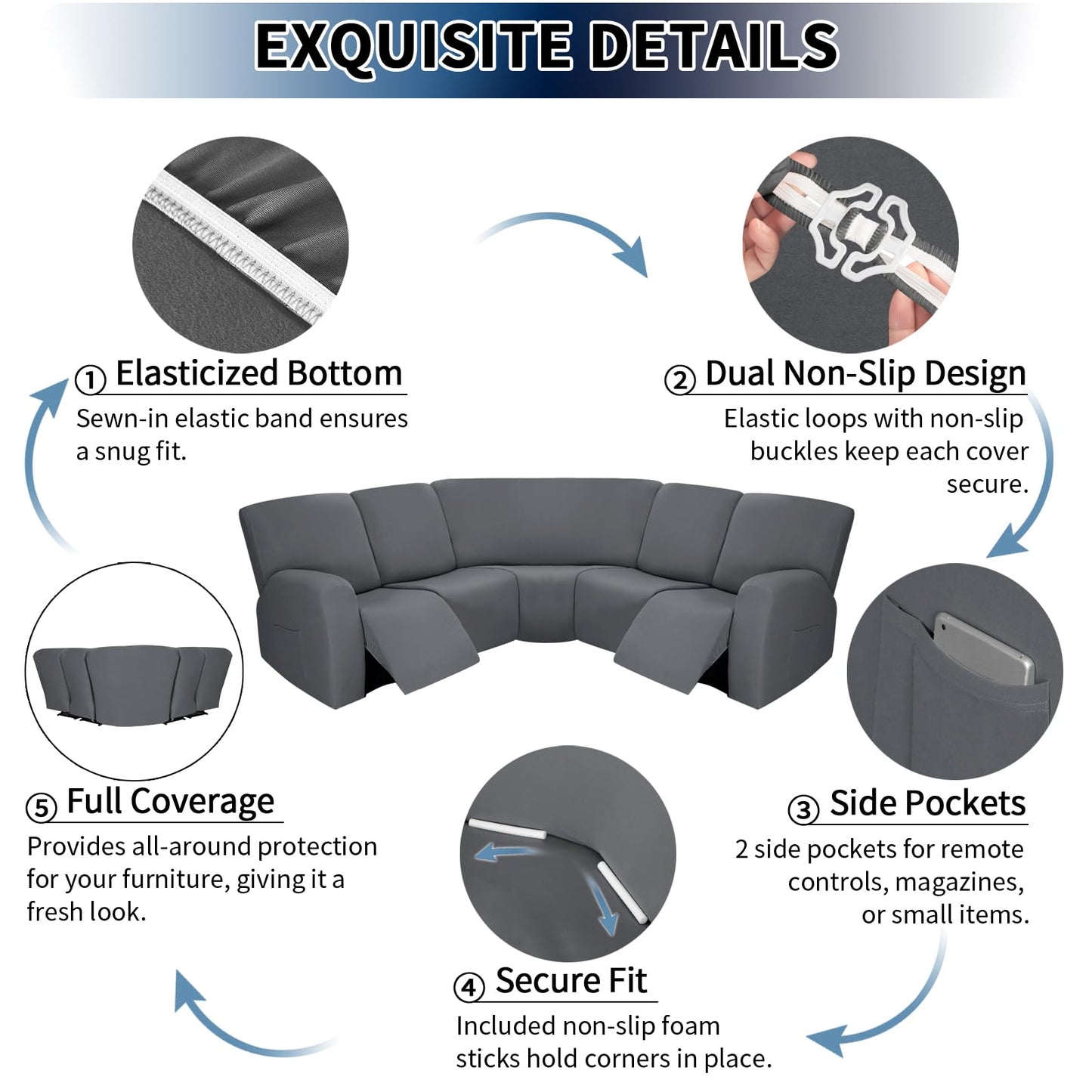 PureFit 7-Pieces Sectional Sofa Covers, Extra Large Sectional Recliner Couch Covers for Reclining L Shape Couches Sofas, Stretch Washable Fleece Sofa Slipcovers with Pockets, 5 Seat, Light Gray