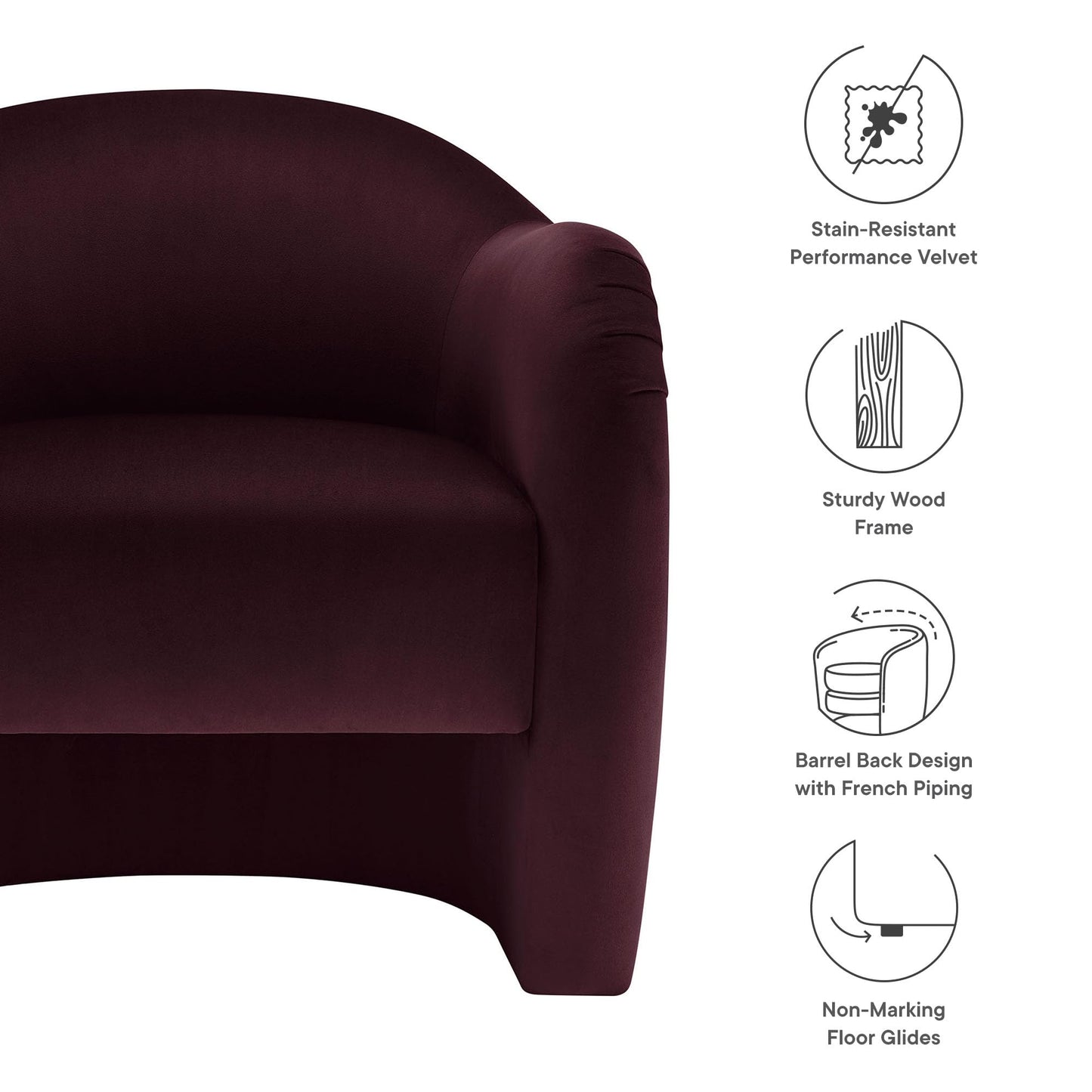 Modway Compose Barrel Chair with Performance Velvet Fabric in Mulberry – Upholstered Accent Armchair with Curved Backrest – Cozy Lounge Chair for Reading – Round Comfy Single Sofa Club Chair