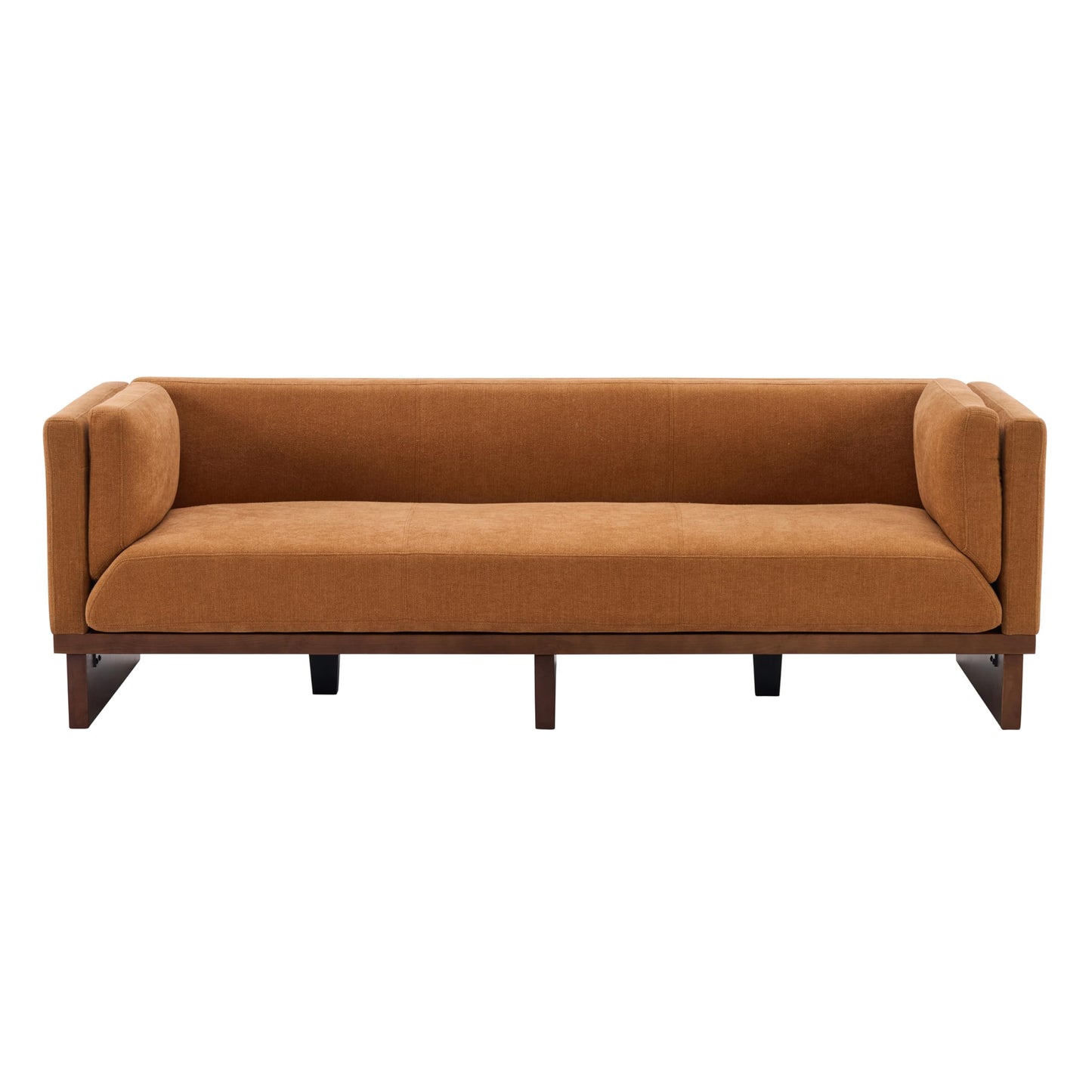 Christopher Knight Home 87" Recessed Modern Sofa Couch, 3 Seater Deep Seat Upholstered Polyester Fabric Sofa with Straight Back, Arms & Solid Wood Frame, Accent Sofa for Living Room Bedroom, Caramel