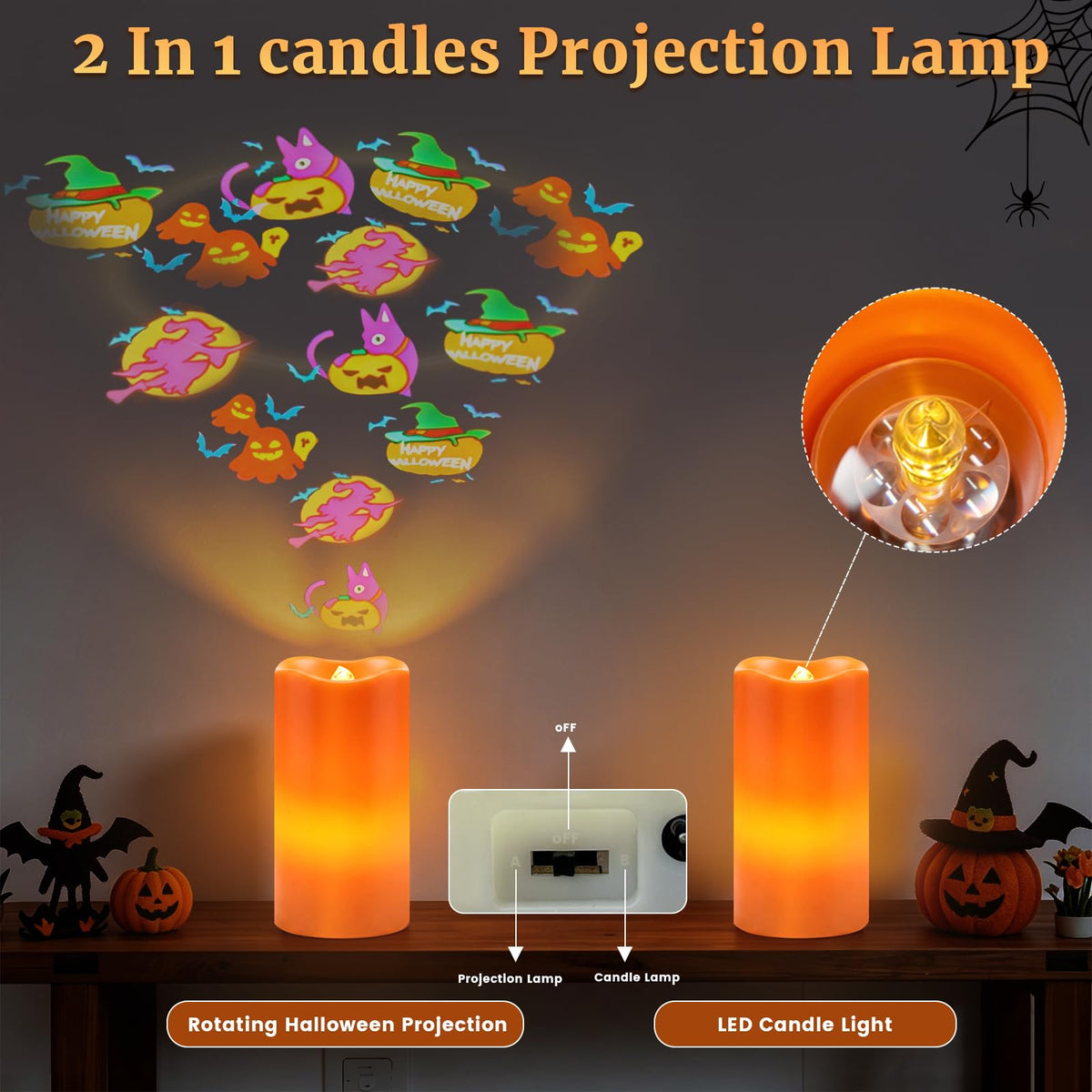 AVEKI Halloween Flameless Candles Projector, LED Pillar Candles with Remote and Timer, Battery Operated Romantic Projection Light for Wedding Home Decor, Gifts for Festival (Orange - Halloween)