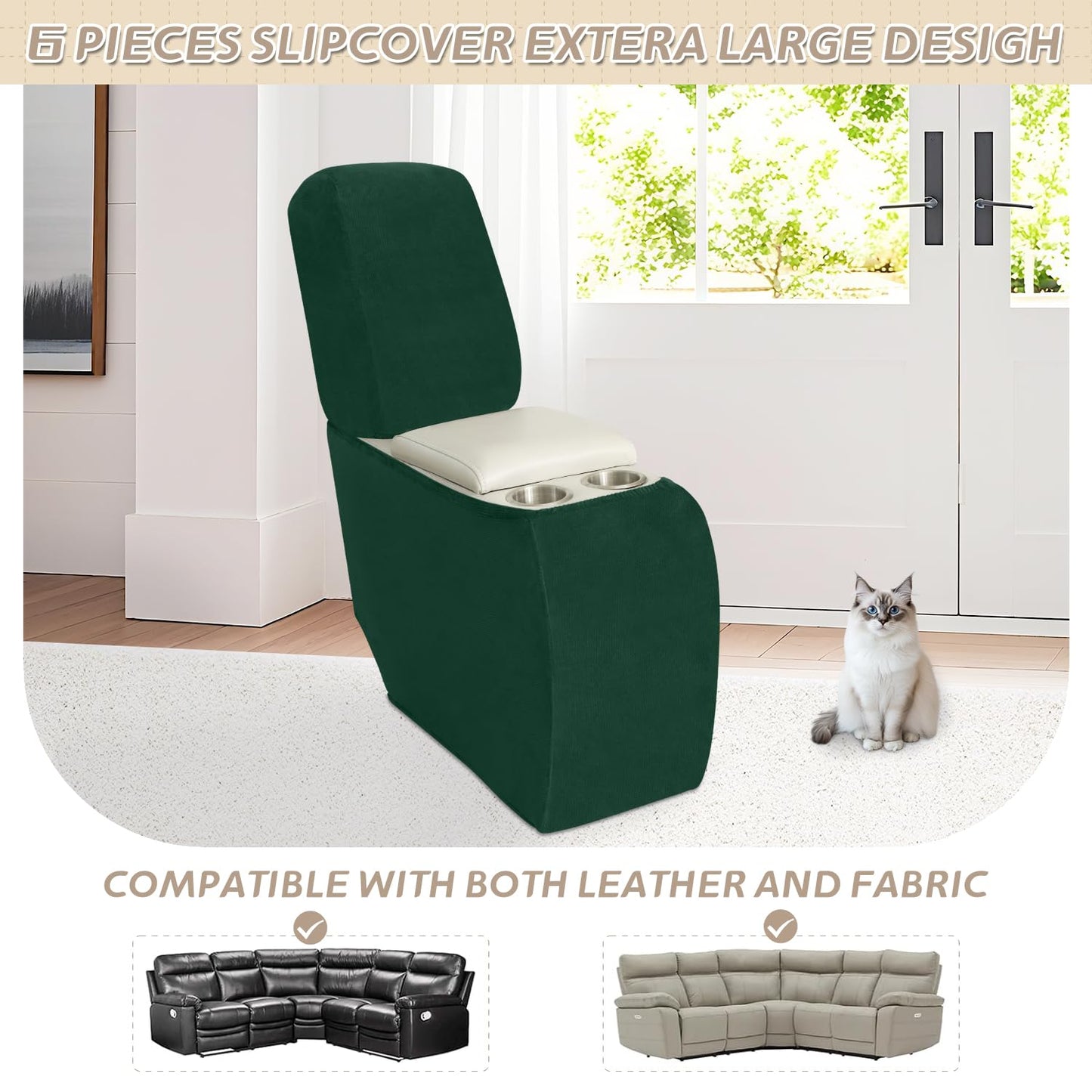 Arfntevss Sectional Recliner Couch Covers Velvet Corner Sectional Sofa Cover for Reclining Couch Stretch L Shape Recliner Slipcover Washable Middle Console Protector (1 Console Cover, Dark Green)