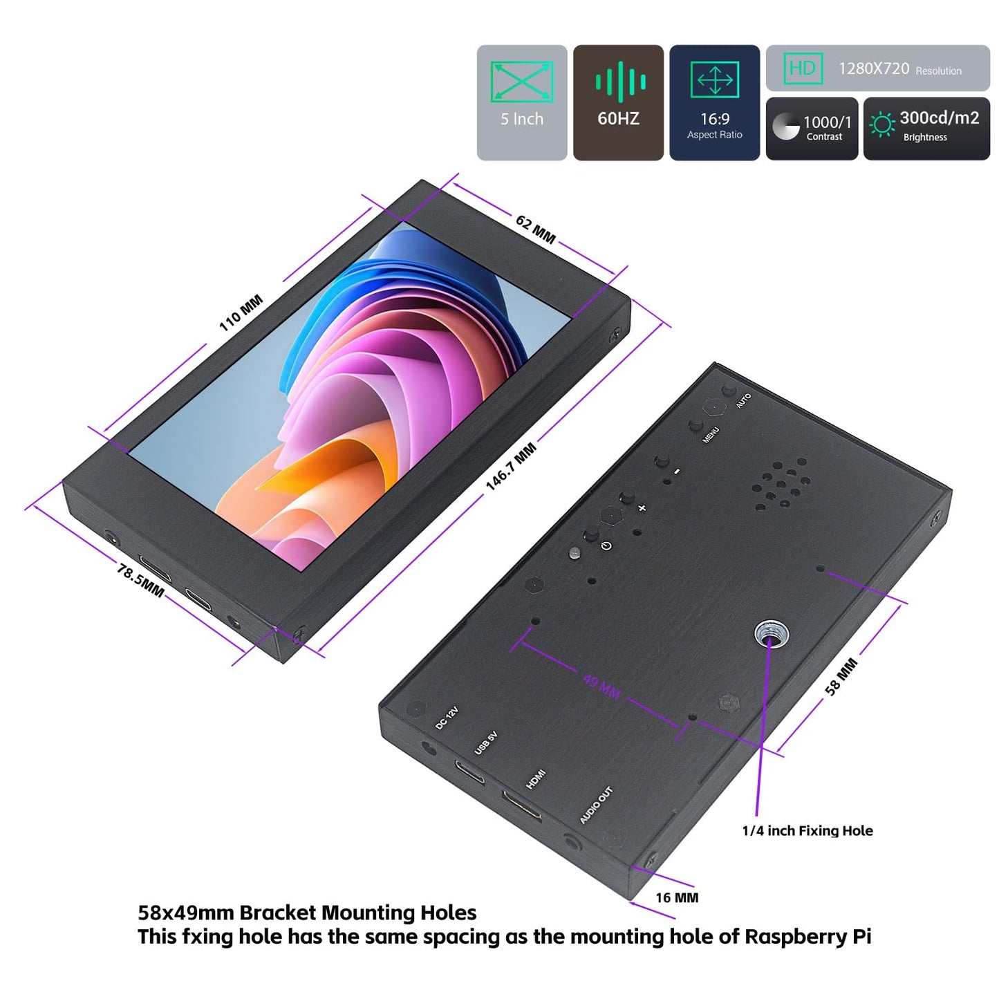 VIEWMEI 5 inch Touch Screen Monitor, 1280x720 Mini IPS Display, HDMI PC Monitor with HDMI Inputs Compatible with Raspberry Pi, PC, Laptop