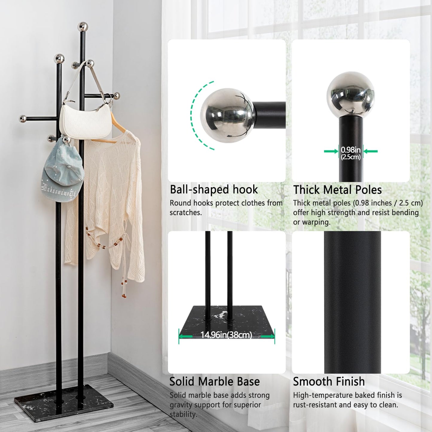 JIAYUEJU Coat Rack Freestanding with Marble Base, Heavy Duty Metal Clothes Rack, Corner Coat Tree Hat Rack for Entryway Bedroom Living Room Hotel 14.96 x 10.24 x 68.9 Inches (Black)