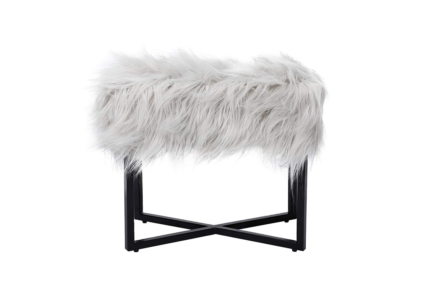 BIRDROCK HOME Rectangular Faux Fur Vanity Foot Stool Ottoman with Metal Legs - Small Soft Padded and Fluffy Makeup Seat or Foot Rest for Bedroom, Desk, or Dressing Table (Gray and Black)