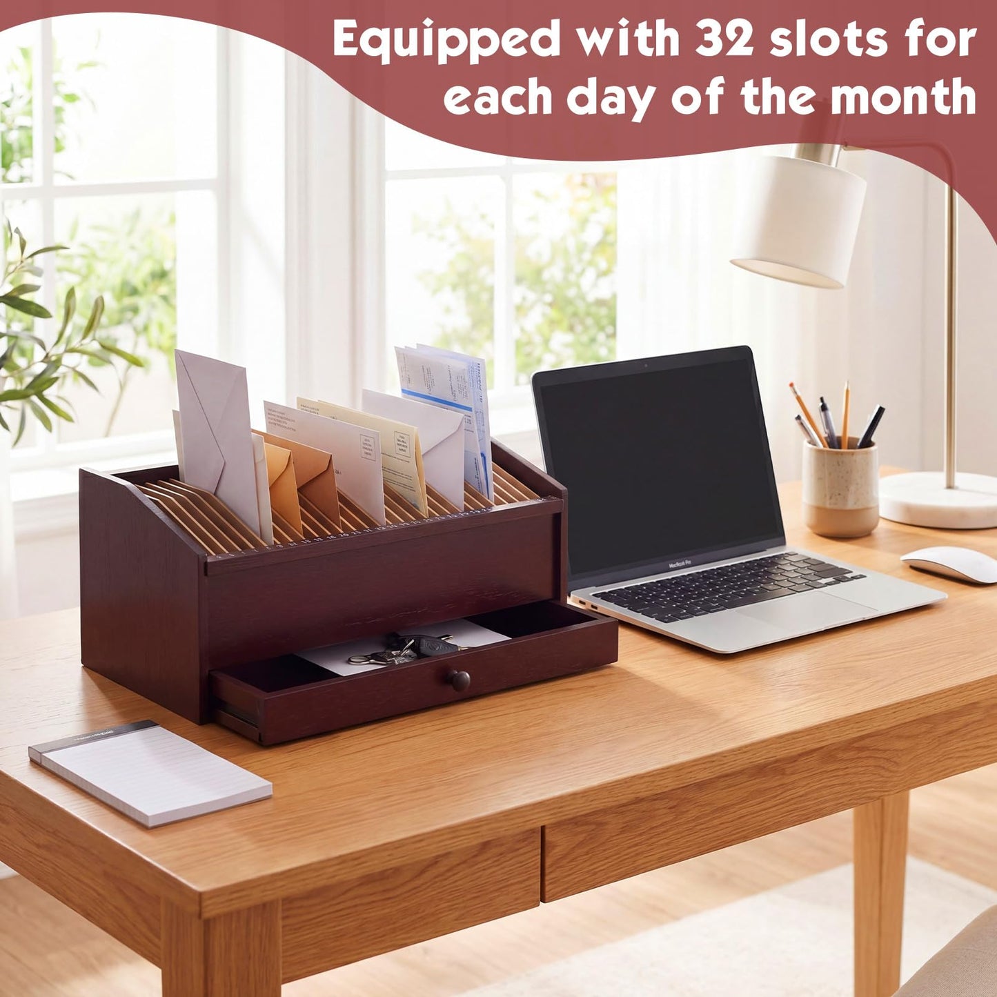 Teecyhooo Wood Desktop Organizer with Drawer, 17 Inch 32 Section Bill & Mail & File Organizer Storage for Office Desk, Desktop Mail Holder and Office Supplies Storage, Letter and Paper Sorter(Brown)