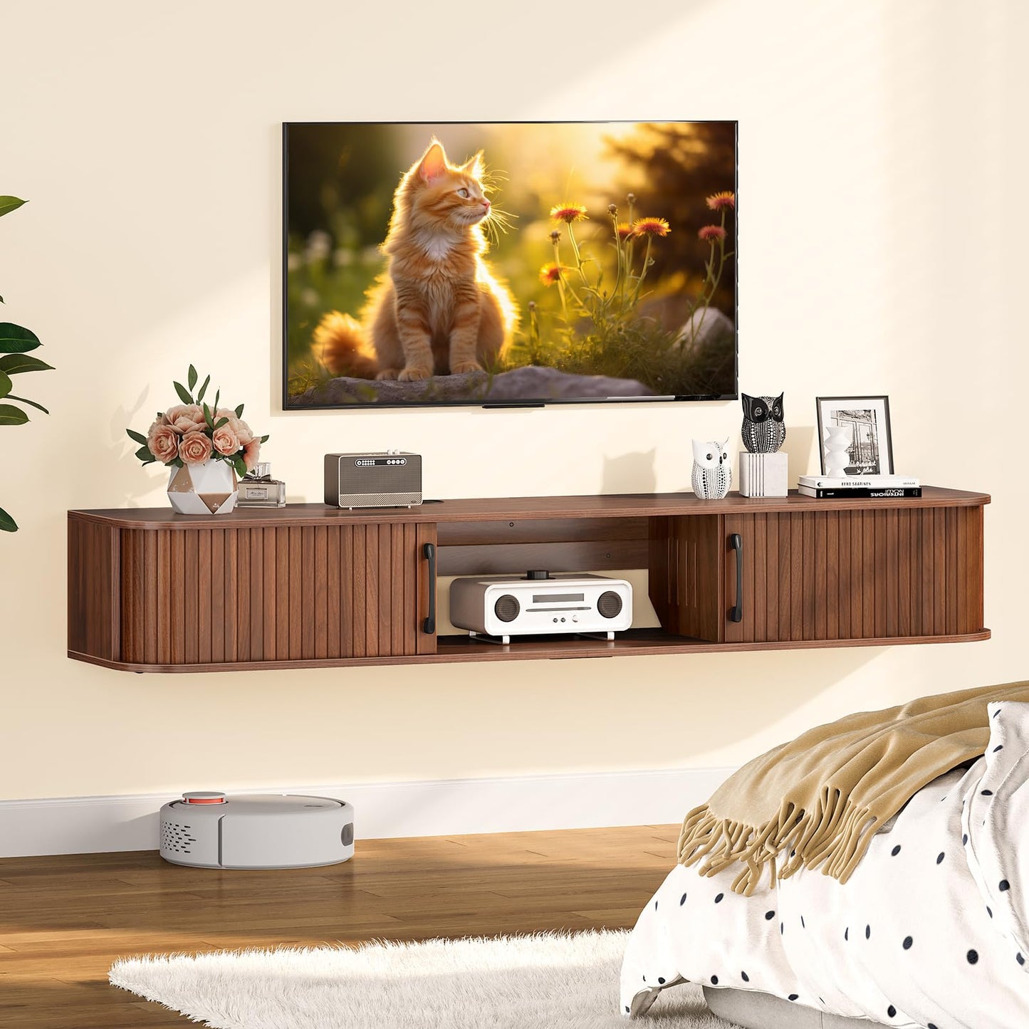 Snughome 55" Floating TV Stand for TVs up to 65", Fluted Floating Entertainment Center with Sliding Door, Wall Mounted TV Shelf, Mid-Century Modern TV Console for Living Room, Bedroom
