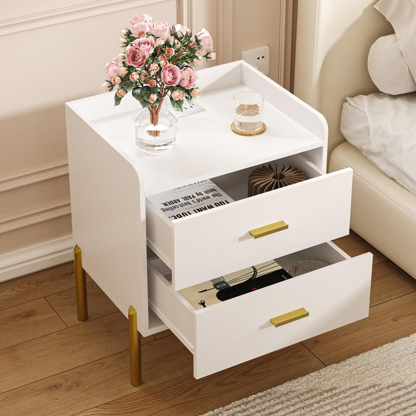 Vabches Nightstand with Built-in Charging Station, White Mid Century Modern Nightstand for Bedroom, Stylish End Tables for Lamps, Books