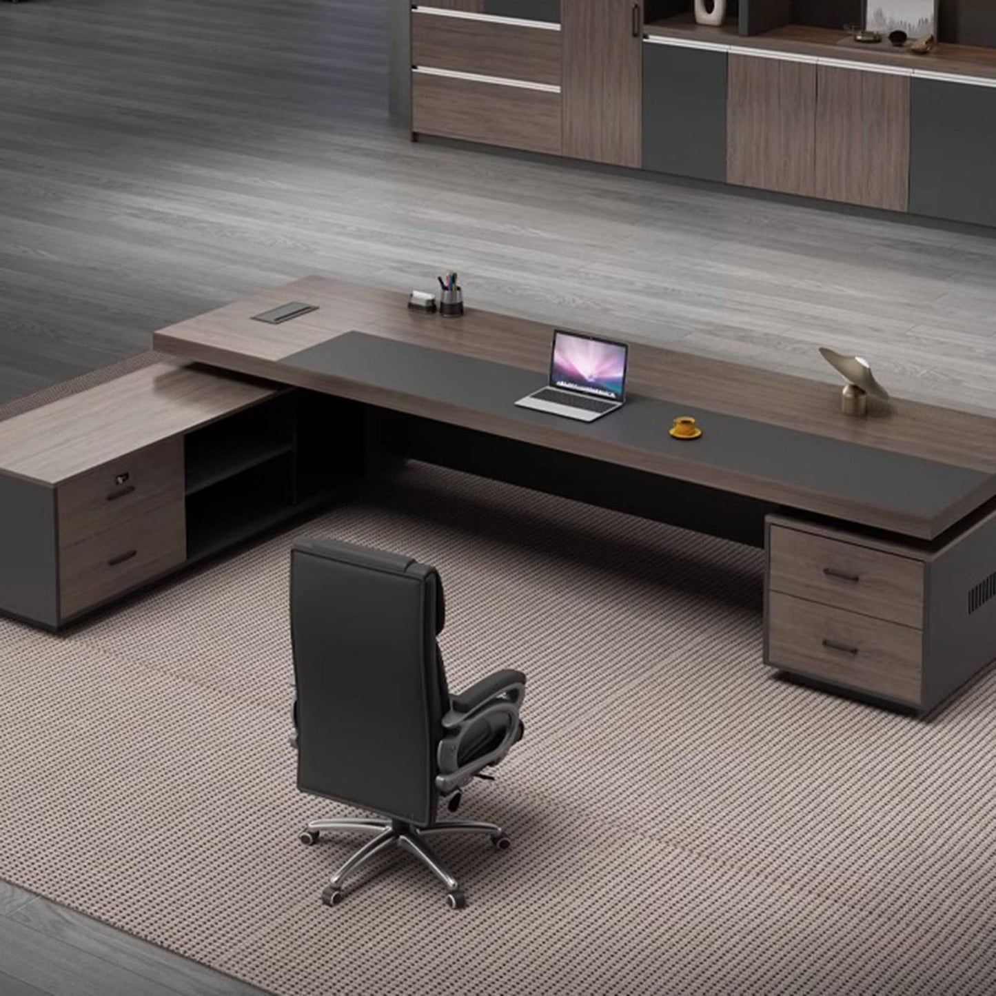 LSIGHTUS 71" Brown Large Modern Executive Office Desk, Wood Computer Desk with Lateral Cabinet Writing Study Table Business Furniture Set for CEO or Home