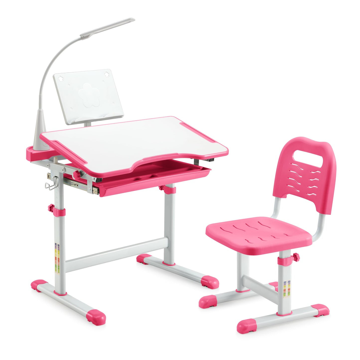 Diroan Kids Functional Desk and Chair Set, Ergonomic Height Adjustable Children School Study Desk with Tilt Desktop, Book Stand, LED Light, Metal Hook and Storage Drawer for Boys Girls(Pink)