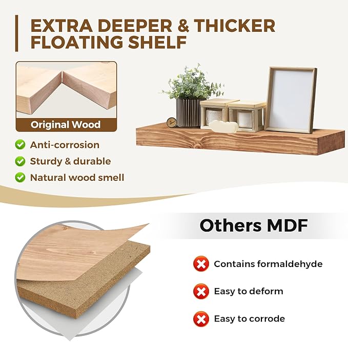 24x8x1.6 inch Floating Shelves Set of 2 – Solid Wood Rustic Oak Wall Mounted