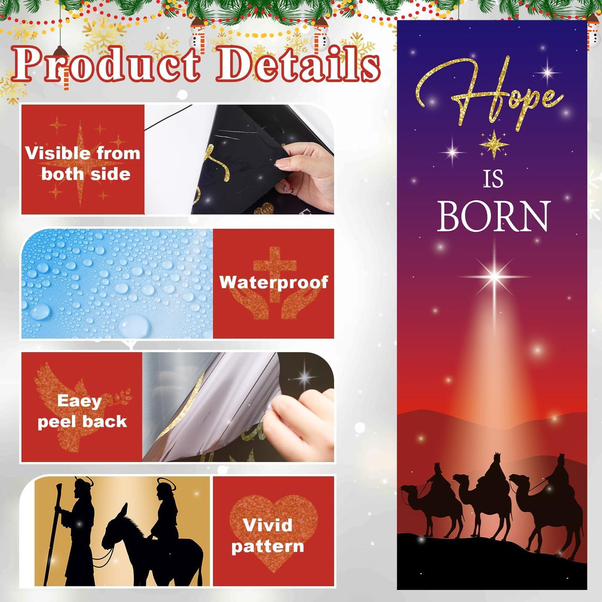 4Pcs Christmas Nativity Large Window Clings Decorations Religious Jesus Christmas Window Decals Nativity Scene Love Hope Joy Peace Double-Side Stickers for Xmas Holiday Party Home Church School Decor
