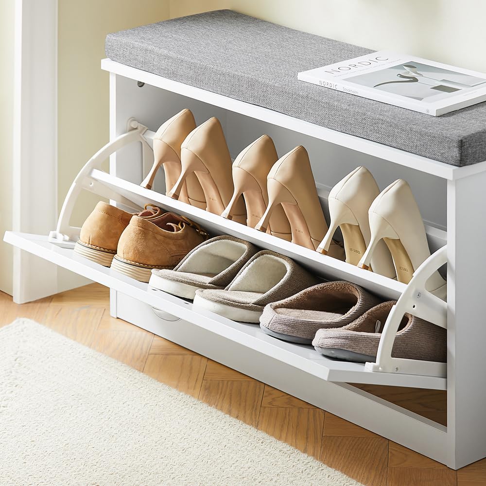 Haotian Small Shoe Cabinet Bench, Modern Shoe Storage Solution with Padded Cushion, 1 Flip Drawer for Narrow Entryway, White FSR195-W