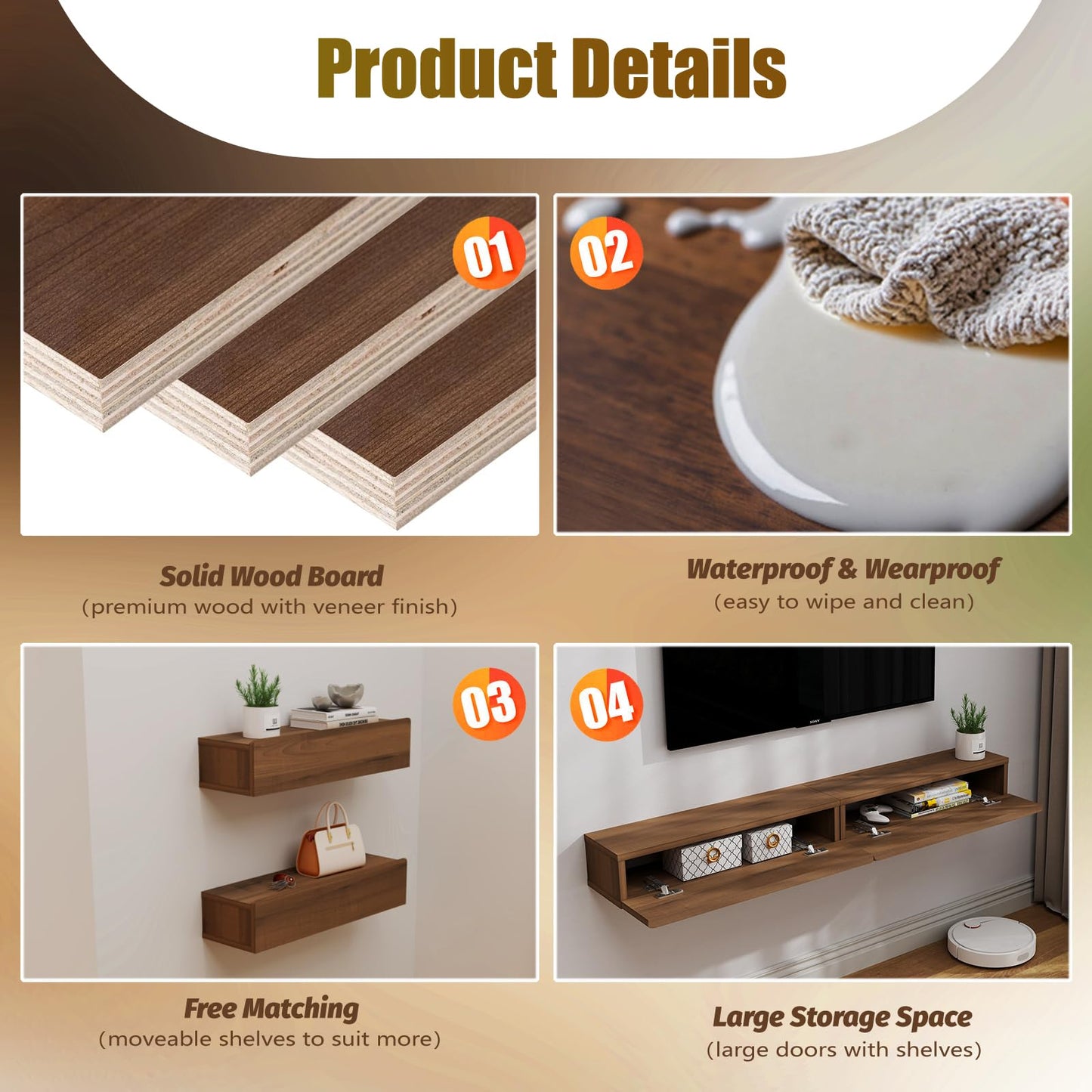 TuckTect Floating Solid Wood Console Table, 47'' Wall Mounted Narrow Entryway Table with Storage Shelf, Modern Couch Shelves Small Entry Way Tables for Entryway, Front Hall, Hallway (Walnut, 47.24IN)