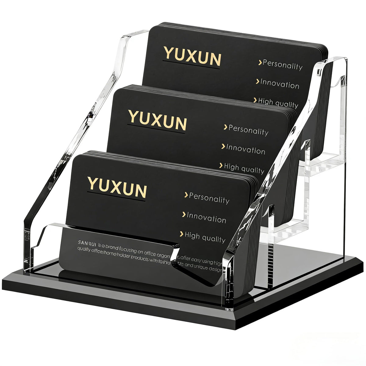 YUXUN Black Business Card Holder for Desk-3 Tier 3 Slot, Acrylic Business Card Holder for Women Men, 100+ Business Cards Display Stand, Multiple Business Card Display for Exhibition, Home, Office
