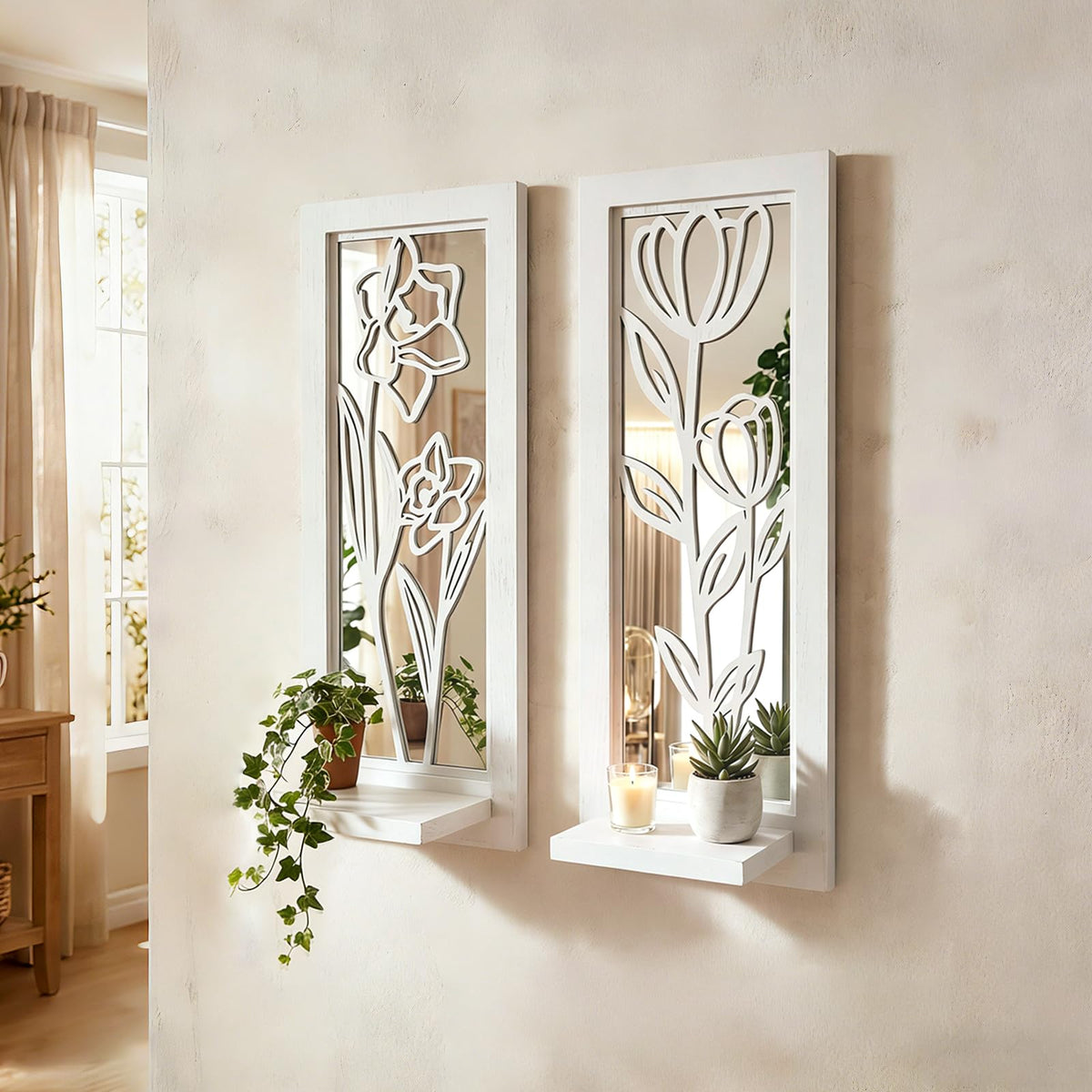 ZEXUIRU 2 Set Rustic Candle Sconces Living Room Bedroom Entryway Wood Mirrored, Farmhouse, Carved Frame Wall-Mount Wooden Candle Holders Wall Decor Hanging Handmade Holder - Distressed White